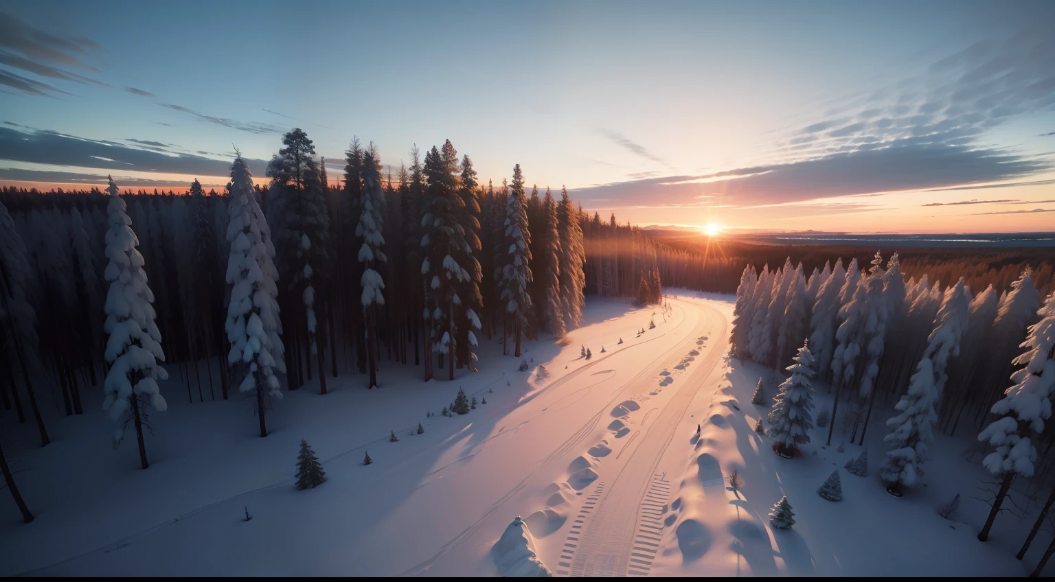 Swedish forest in midwinter with sunset、Aerial view from more directly above