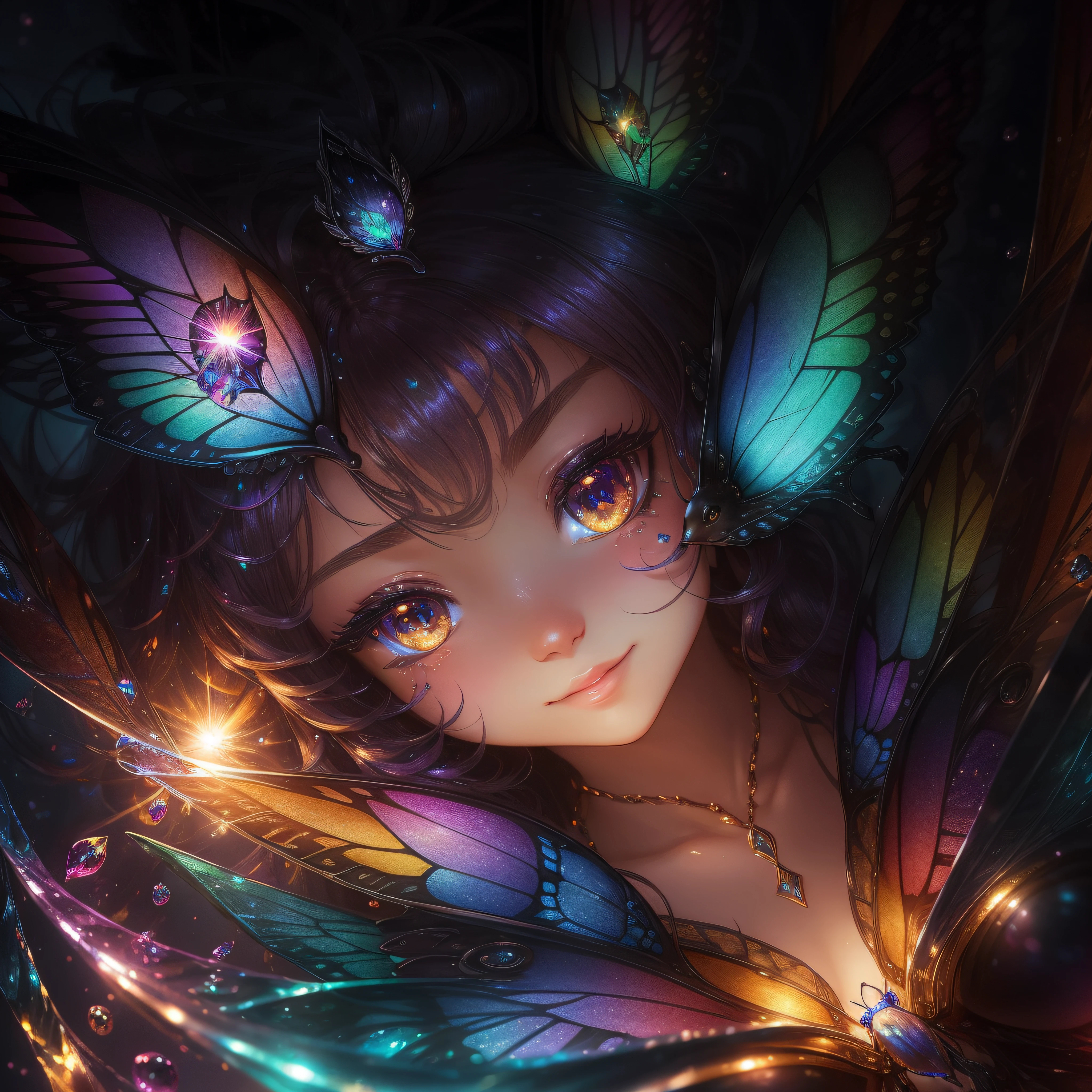Cat、Cat、Cat、Cat、close-up of the smile face、smil、(roundly eyes、Sapphire green eyes,、Glowing eyes、Eye Gloss）、（Open lips、teeth are slightly visible、lipgloss）、dreamlikeart、Highly detailed airbrush art、intricate detailes、Volumetric lighting、top-quality、The ultra-detailliert、The composition of the movement、Highly detailed colorful details、Irridescent color、Bright lighting、dream-like、Magical、dynamic compositions、The mirror reflects light、Shallow depth of field、ultra-detailliert、mixing  exposure、Super masterpiece、vivd colour、colourfull、One woman's face、Cute cat in clothes、Anthropomorphic representation、Rich colors、exquisitedetails、(butterflys,Exquisite butterflies,Ultra CG), (High resolution:1.5)、、Colorful, Transparent gems on the beach、Orange in the sky、pink there、Absolutely enchanting sunset on the beach mixed with yellow、The water is crystal clear and splashing、White sand beach stretches out as far as the eye can see、Dynamic and breathtaking scenes、