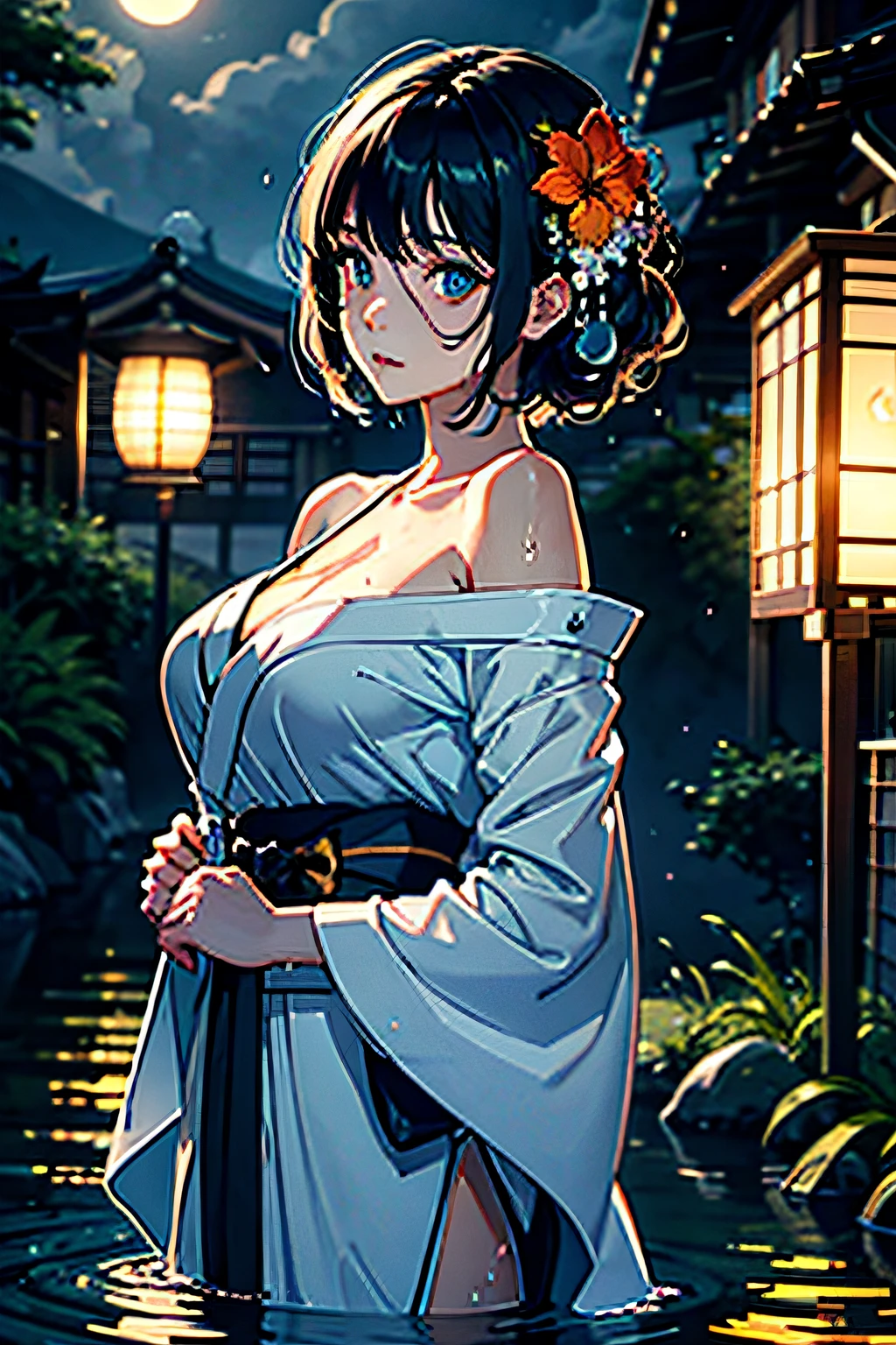 1girl, breasts, moon, lantern, night, solo, large breasts, hair ornament, wet, kimono, japanese clothes, wading, water, hair flower, flower, outdoors, sky, full moon, rain, black hair, off shoulder, mountain, cloud, holding, sash, bare shoulders, paper lantern, standing, white kimono, night sky, sideboob, obi, wet clothes, bangs, tree, from side, reflection, short hair, cloudy sky, wet hair (((masterpiece),(extremely detailed CG unity 8k wallpaper),best quality,,solo,1girl,cinematic lighting,detailed background,beautiful detailed eyes,bright pupils, (an extremely delicate and beautiful),(Beautiful and detailed eye description), ultra-detailed,masterpiece,)),