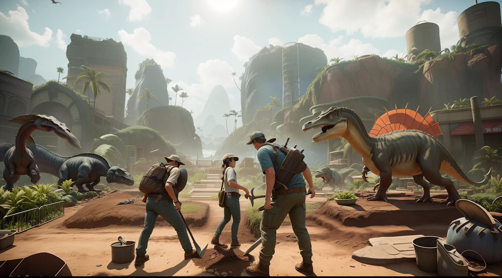 Many people stand in the abandoned Jurassic Park, The male protagonist+The heroine and the  shoveled the ground together，The dinosaur on the right carries vegetables/the fruits（There are baskets），The dinosaur on the left is irrigating。The middle view is a three-column vegetable patch，On the far left is the chicken farm，The vista is a semi-damaged dinosaur amusement park。morningglow，Bright tones。, trending on unreal engine 5, ark survival, summer unreal engine 5, made in unreal engine 5, Ruins of the City of the Fallen Kingdom, cinematic unreal engine 5, Unreal Engine 5 renderer, Post apocalyptic scenario, gameplay still, ark survival evolved, unreal engine 5 hdr