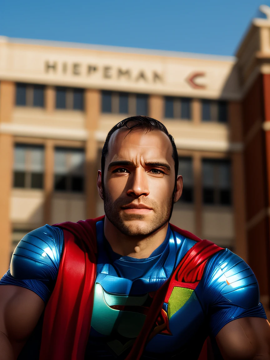 A closeup of a man in a Superman suit standing in front of a building, Herry Cavill, Henrique Cavill, Super-homem, Superman emergindo do sol, Henry Cavill como Batman, pose do super-homem, Henrique Cavill!!!, Tom Hanks como Superman, henry cavill is a greek god, Dwayne Johnson como Superman, Henry Cavill como James Bond, Henry Cavill como Wolverine