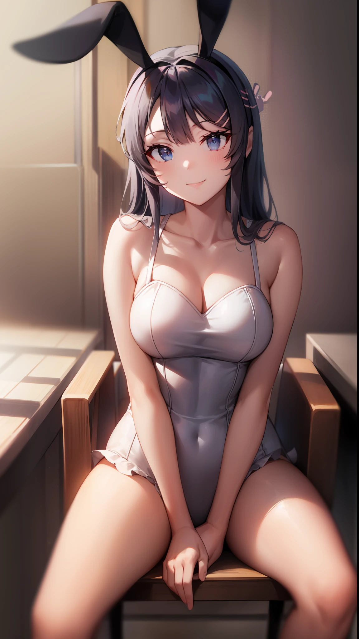 Mai Sakurajima, Sitting on a chair in the room, pale light, Smiling, Wearing rabbit ears, ((bunny girl outfit)),