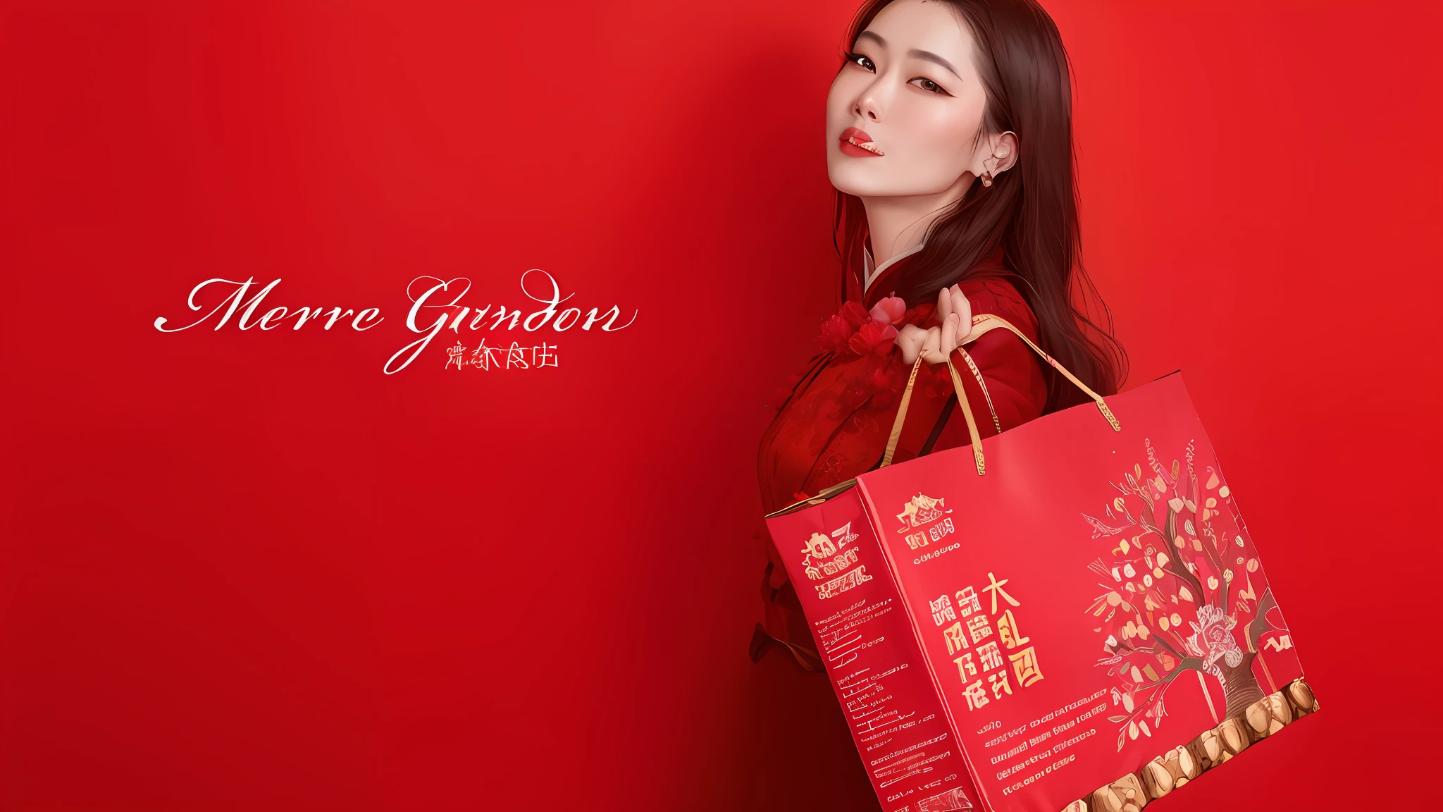 The Araffed woman held a red bag,There is a Christmas tree on it, inspired by Ni Tian, Chinese style, in red gardens, inspired by Lu Guang, inspired by Guo Chun, lulu chen, japanese collection product, Wang Chen, royal garden landscape, cover photo portrait of du juan, inspired by Li Keran, inspired by Ju Lian