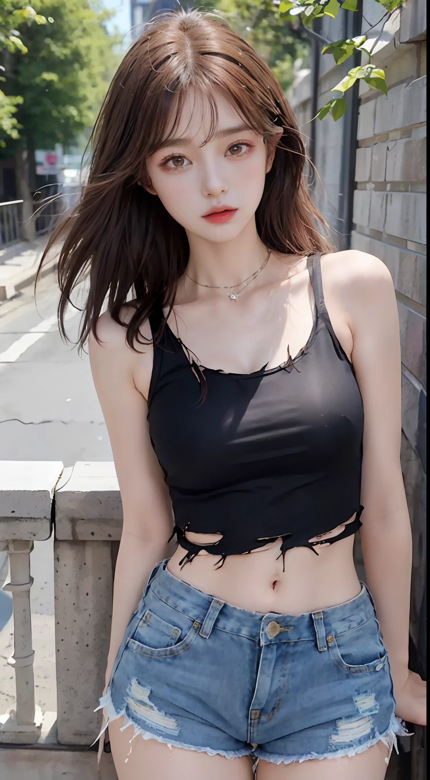 ((medium breast, tomboy girl,)),  (chiseled abs : 1.1), (perfect body : 1.1), (short wavy hair : 1.2) , auburn hair, collar, chain, full body shot, crowded street, wearing tanktop, jeans jacket, (torn clothes:1.3)((shorts)), (extremely detailed CG 8k wallpaper), (an extremely delicate and beautiful), (masterpiece), (best quality:1.0), (ultra highres:1.0),  beautiful lighting ,perfect lightning, realistic shadows, [highres], detailed skin, ultra-detailed (((colorful))),high realistic,