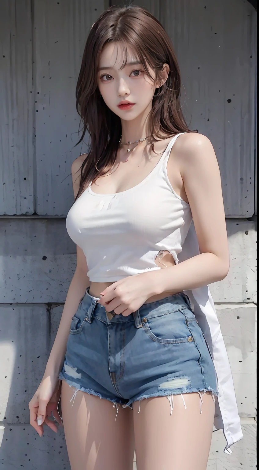 ((medium breast, tomboy girl,)),  (chiseled abs : 1.1), (perfect body : 1.1), (short wavy hair : 1.2) , auburn hair, collar, chain, full body shot, crowded street, wearing tanktop, jeans jacket, (torn clothes:1.3)((shorts)), (extremely detailed CG 8k wallpaper), (an extremely delicate and beautiful), (masterpiece), (best quality:1.0), (ultra highres:1.0),  beautiful lighting ,perfect lightning, realistic shadows, [highres], detailed skin, ultra-detailed (((colorful))),high realistic,