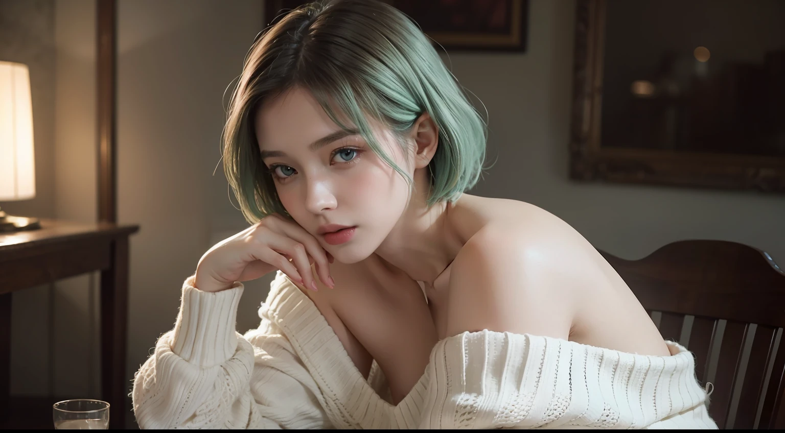 Fantasy. a girl, sitting, bare shoulders, detailed (((loose))) white sweater. large breasts, half body portrait, ((looking at away)), stunningly beautiful, mint bob hair, blush, humble, table, home, hands. highly detailed. Cinematic lighting, (nsfw:1.27)