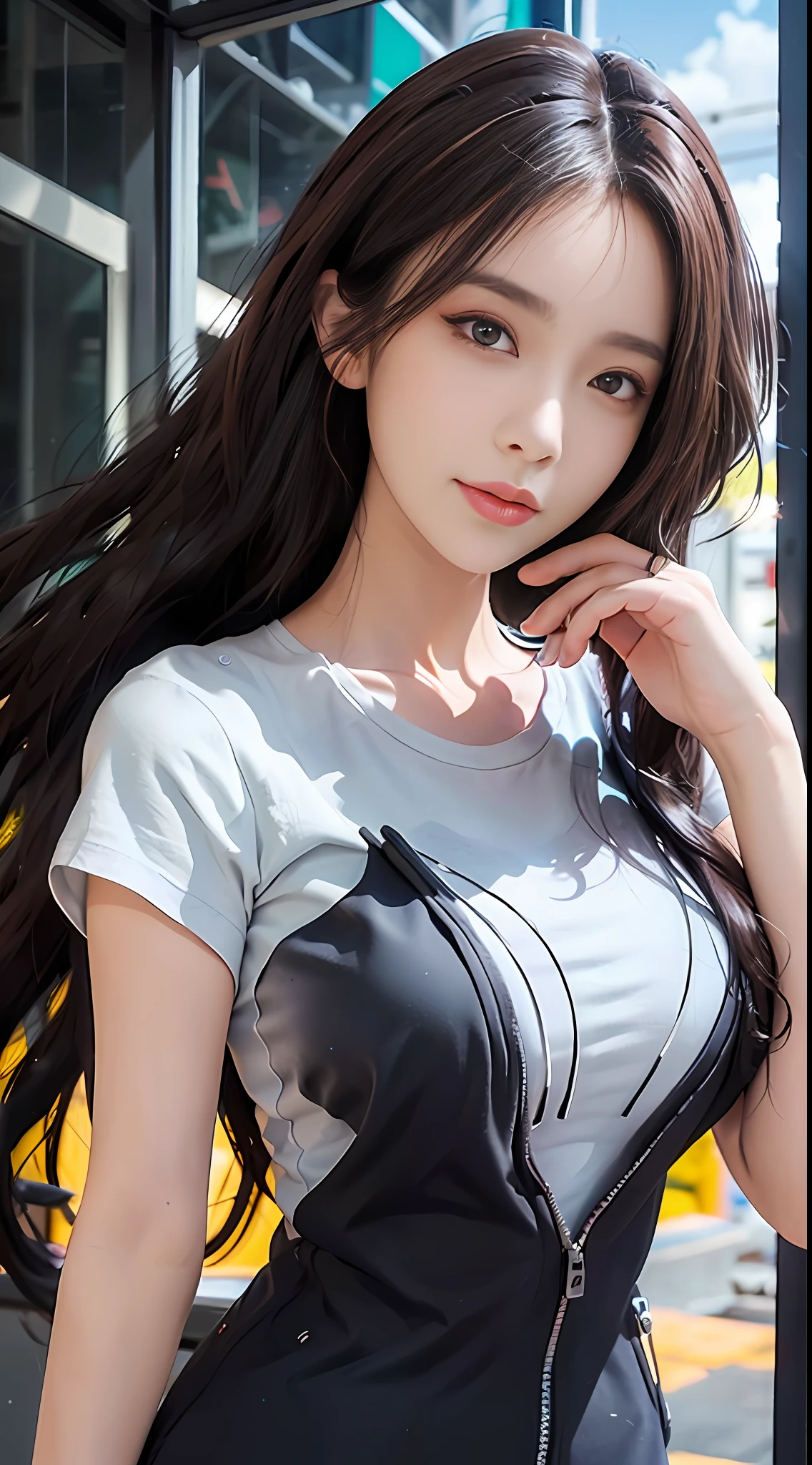 best qualtiy， tmasterpiece， 1girll， beauitful face， （photograph realistic：1.3）， edge lit， （highdetailskin：1.2）， 8K  UHD， digital SLR camera， high high quality， A high resolution， 4K， 8K， Bokeh， absurderes， Optimal proportions of four fingers and one thumb， （realisticlying：1.3）， Cute girl， dressed in a white t-shirt， Attractive breasts， Harnes，Blue sky on background
