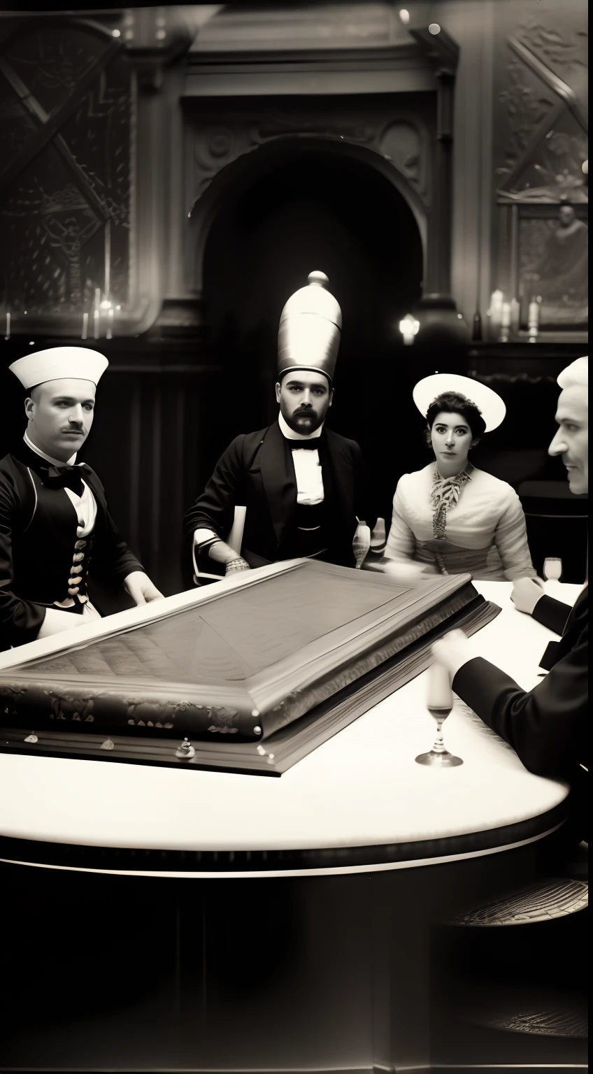 {A grainy black & white snapshot of the Victorian high society, with men in sharp suits and ladies in opulent dresses, all gravitating towards the center of attraction: an ancient Egyptian mummy on a grand table. The atmosphere is electric with whispers and gasps.}, Vintage Photograph, Edwardian Style, Behance, 35mm, Long Shot, (black & white:1.3), (ambient light:1.2), (highly detailed:1.4), (octane render:1.2)
