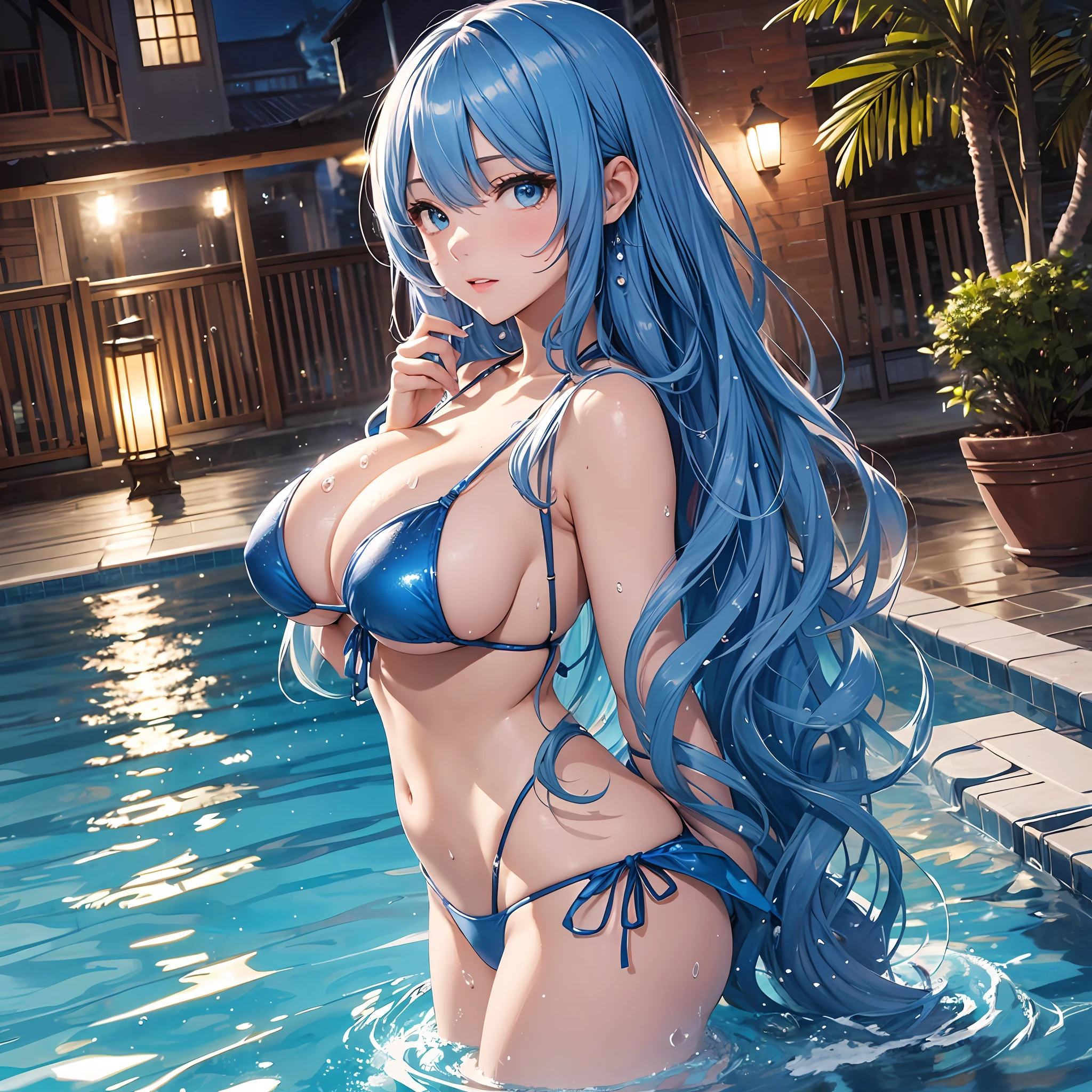 8K、animesque、top-quality、Masterpiece、An ultra-high picture quality、ultra-detailliert、Super beautiful、Ultra-detailed hair quality、Super beautiful、portlate、full bodyesbian、Bewitching look、water gun、Translucent bikini、Beautuful Women、Long blue hair、Twin-tailed、Blue eyes、shinny skin、Bursting chest、very Bigger breasts、Very big butt、Water droplets running down the skin、Background is a fantastic night pool --auto --s2