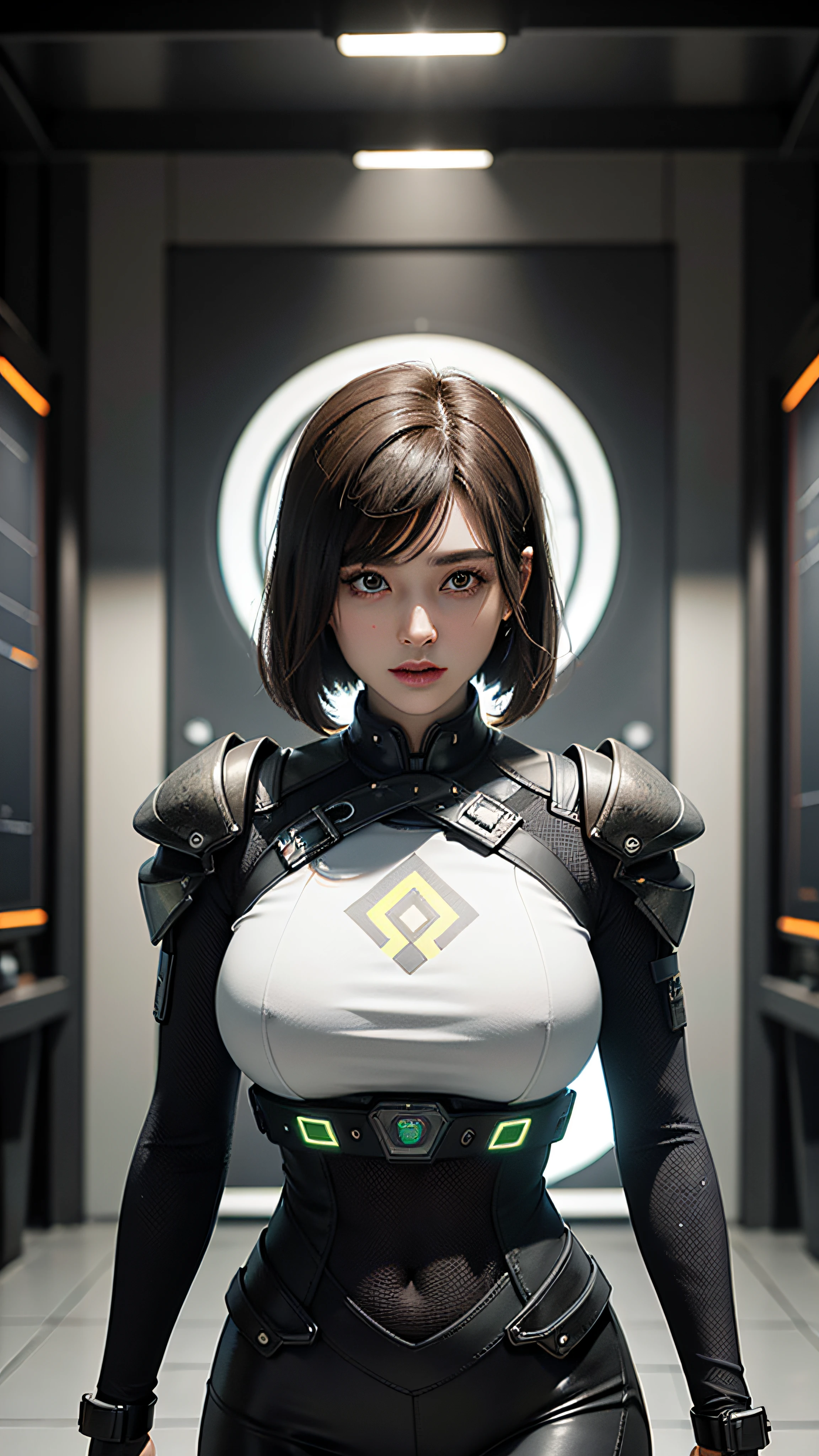（（best qualtiy））， （（tmasterpiece））， （highly  detailed：1.3）， （Delicate big eyes：1.9）（Fine pupil texture：1.5）3D， big breasts beautiful （cyber punk perssonage：1.3） Female hacker with short brown hair poses for a photo， computer servers， LCD screens， Fiber optic cable， Company logo， hdr（HighDynamicRange）， Ray traching， NVIDIA RTX， Hyper-Resolution， Unreal 5， sub surface scattering， PBR textures， post-proces， Anisotropic filtering， depth of fields， Maximum clarity and sharpness， Many-Layer Textures， Albedo e mapas Speculares、Surface coloring、Accurate simulation of light-material interactions、perfectly proportions、rendering by octane、twotonelighting、Low ISO、White balance、trichotomy、Wide aperture、8K raw data、High-Efficiency Sub-Pixel、sub-pixel convolution、Luminous Particle
