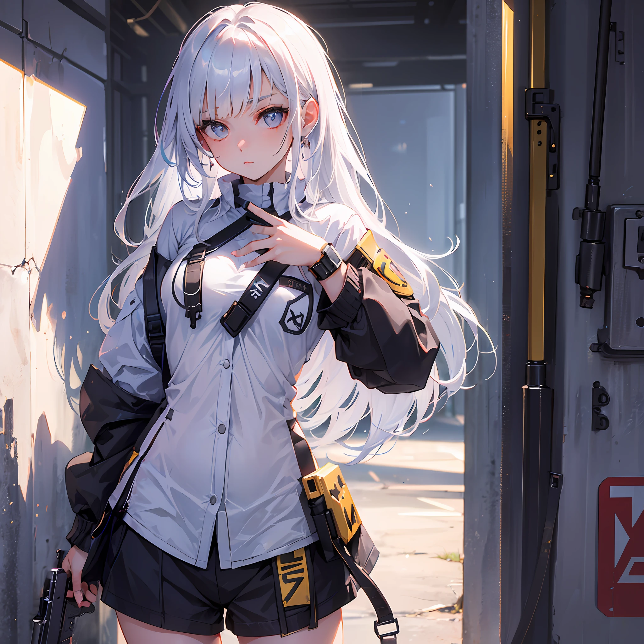 (1girl:1.3), holding a gun, pistol, Hold the Glock17 diagonally in front of the chest, Hold the barrel with your left hand, The fingers of the right hand are on the trigger