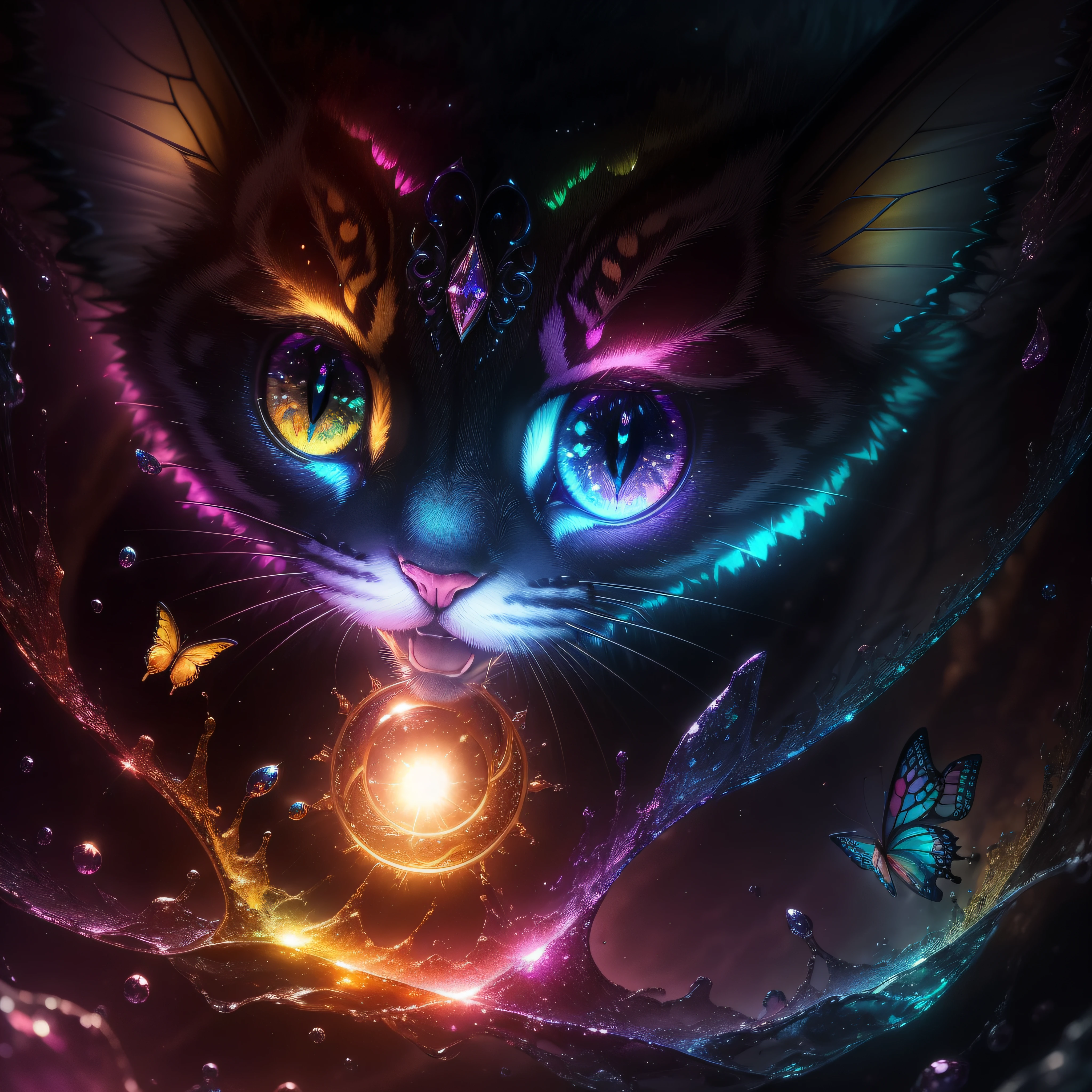 Cat、Cat、Cat、Cat、close-up of the smile face、smil、(roundly eyes、Sapphire green eyes,、Glowing eyes、Eye Gloss)、(Open lips、teeth are slightly visible、lipgloss)、dreamlikeart、Highly detailed airbrush art、intricate detailes、Volumetric lighting、top-quality、The ultra-detailliert、The composition of the movement、Highly detailed colorful details、Irridescent color、Bright lighting、dream-like、Magical、dynamic compositions、The mirror reflects light、Shallow depth of field、ultra-detailliert、mixing exposure、Super masterpiece、vivd colour、colourfull、One woman's face、Cute cat in clothes、Anthropomorphic representation、Rich colors、exquisitedetails、(butterflys,Exquisite butterflies,Ultra CG), (High resolution:1.5)、、Colorful, Transparent gems on the beach、Orange in the sky、pink there、Absolutely enchanting sunset on the beach mixed with yellow、The water is crystal clear and splashing、White sand beach stretches out as far as the eye can see、Dynamic and breathtaking scenes、