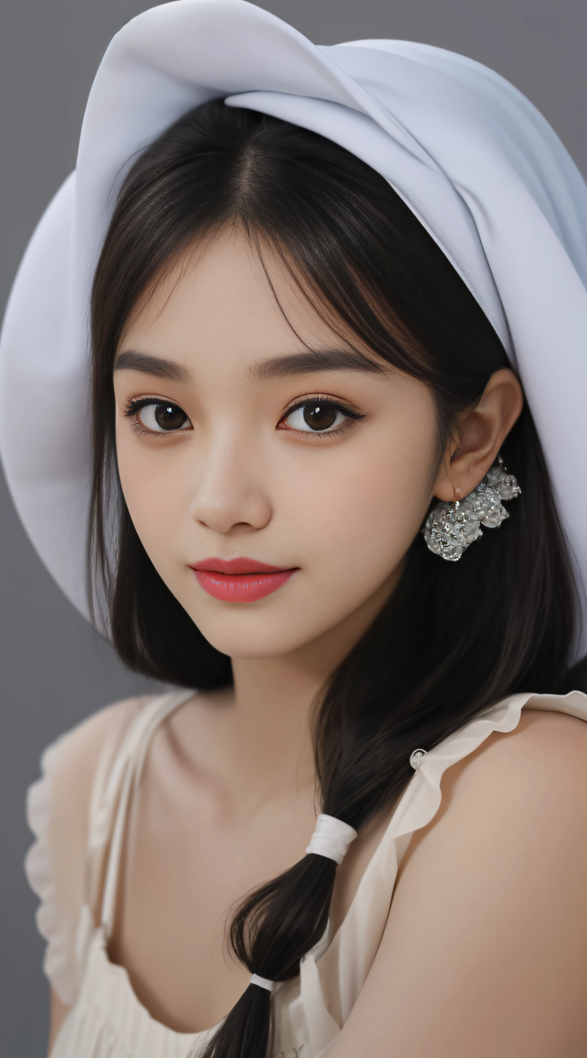Only draw the head,Focus:1.2, perfect figure beautiful woman:1.4,,Best facial quality, Ultra-high facial detail,Ultra-high pupil detail,Long eyelashes,Big eyes,Cute face,slimfigure,Ultra-detailed facial makeup,ssmile,Smaller bust,Single horsetail,