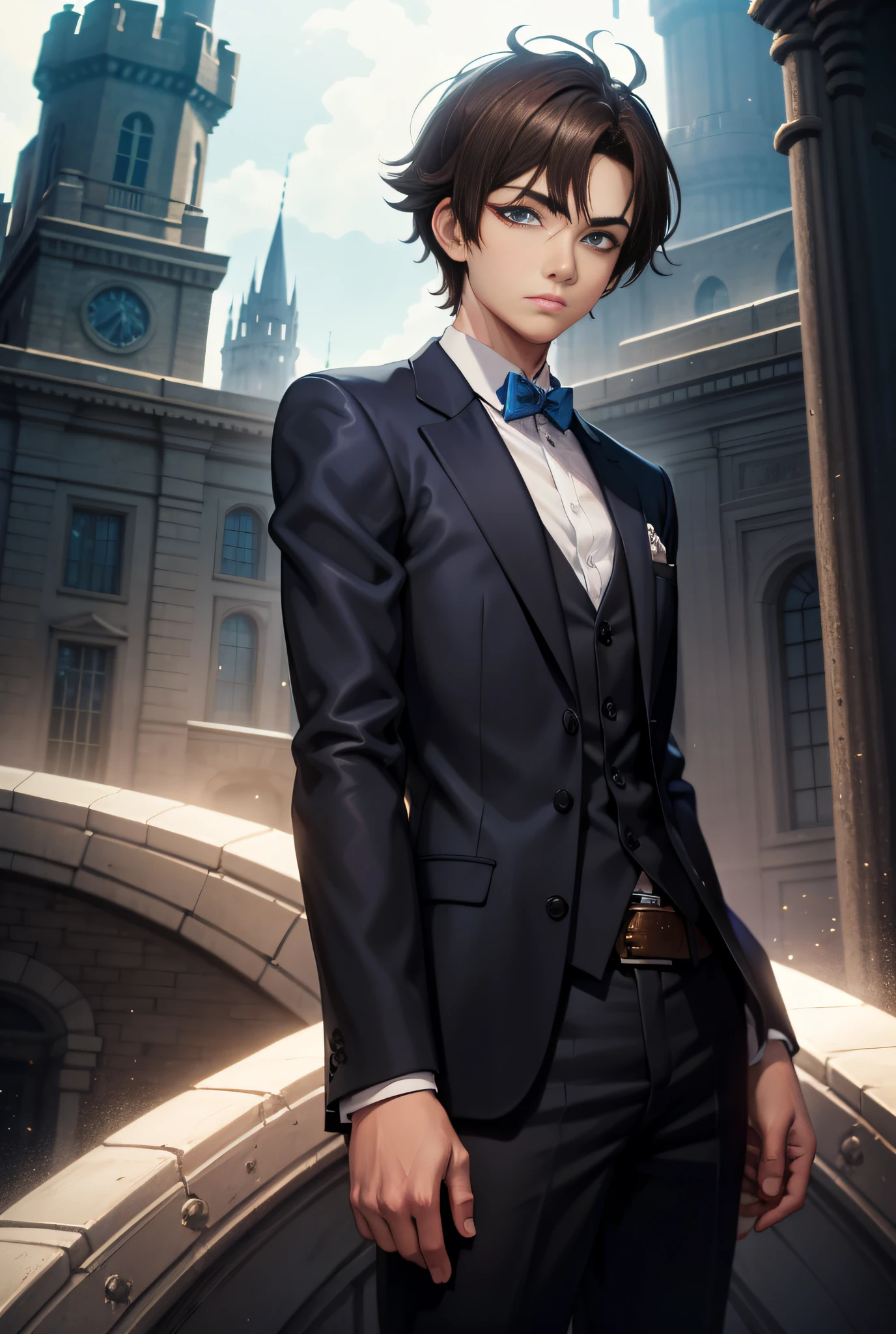 ultra high res, 19 years old guy wearing a black suit, medium brown hair, blue eyes, rim lighting, fantasy magic castle on background, anime style, anime, looking at viewer, static pose in center