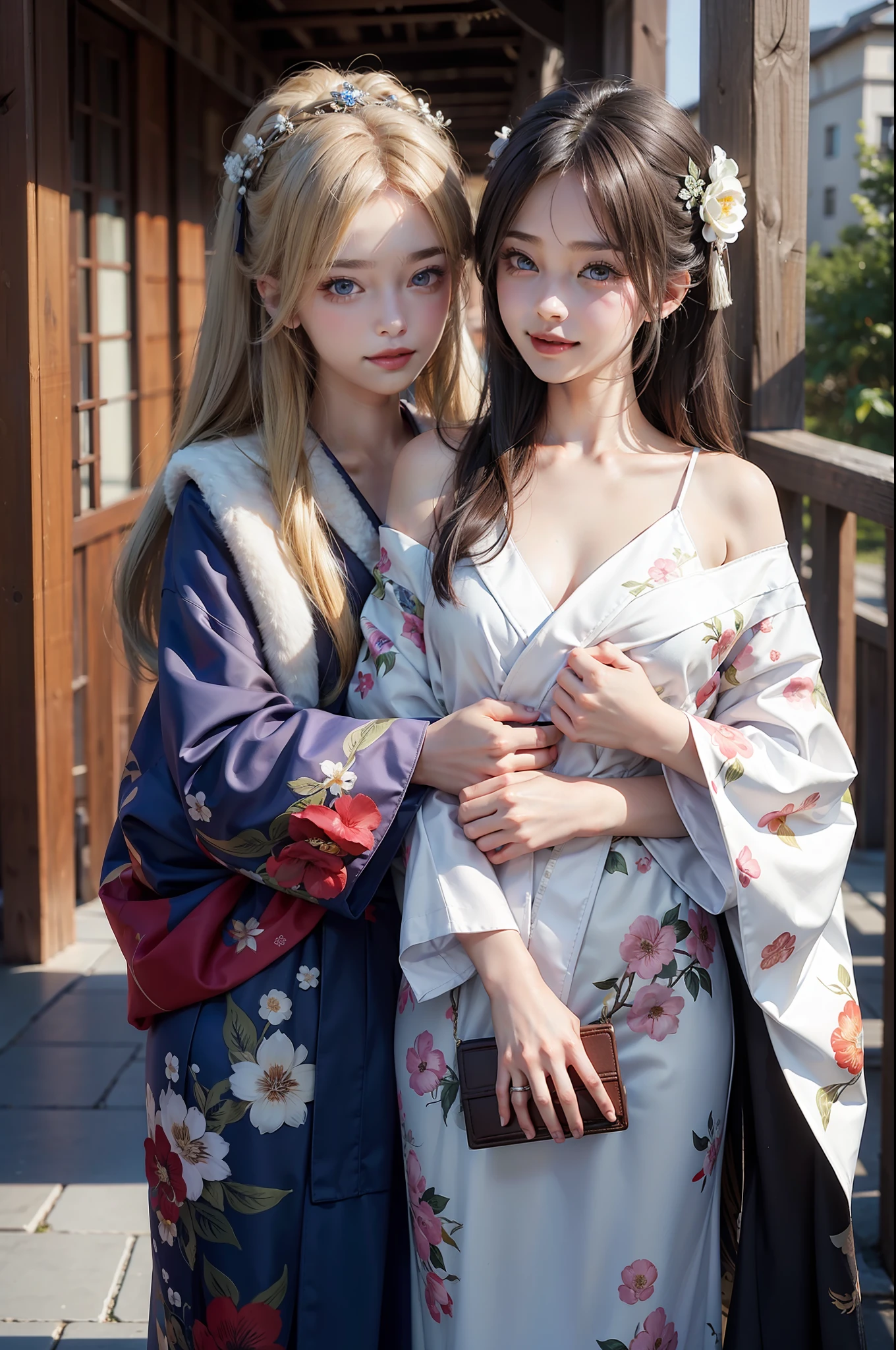 striated hair　Russian beauties　Kimono Field　Chest　A smile　embracing each other　femele　2guys