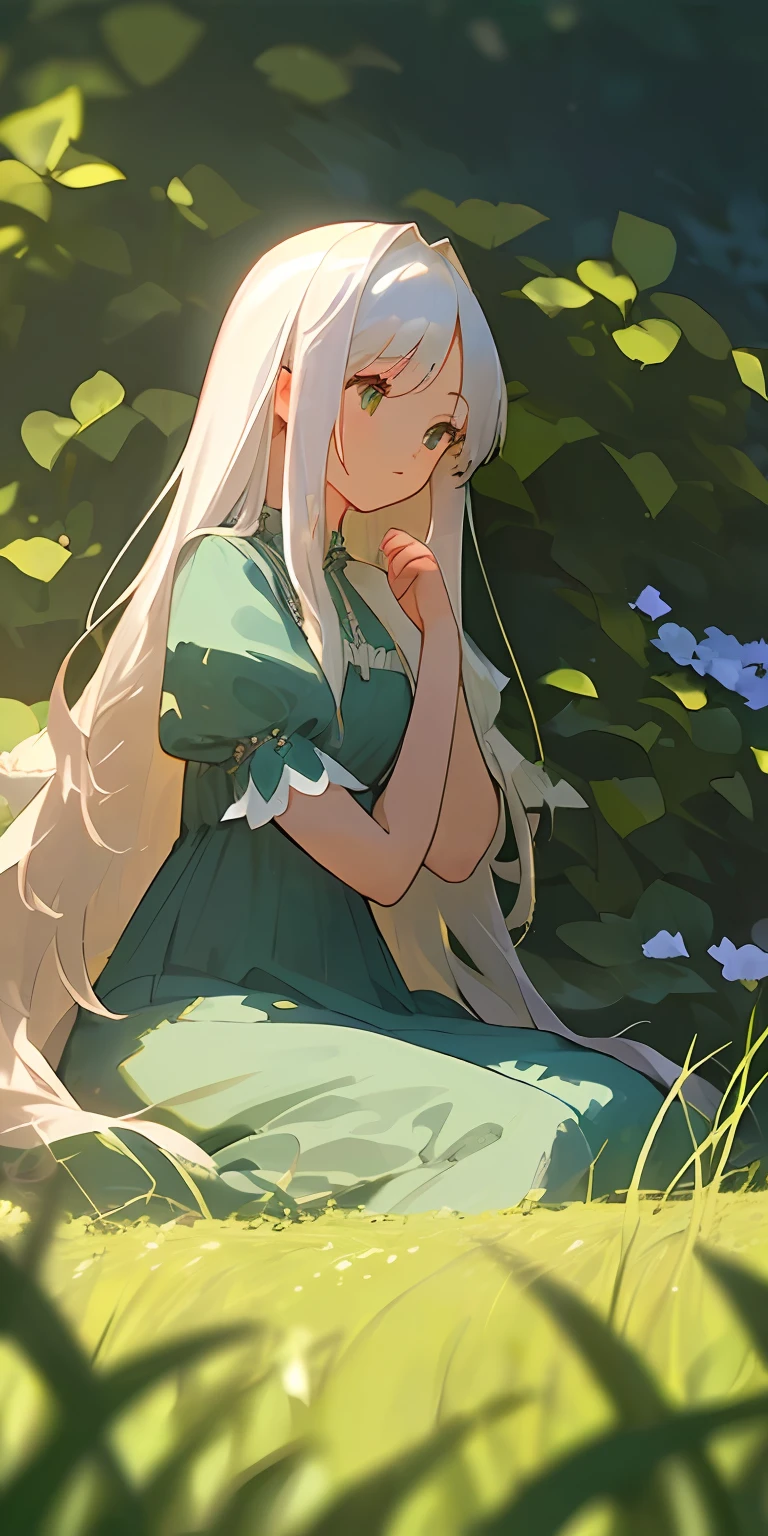 (​masterpiece、top-quality)、One girl with long white hair sitting in a field of green plants and flowers、Put your hands under your chin、Warm lighting、Light blue dress、blurred foreground