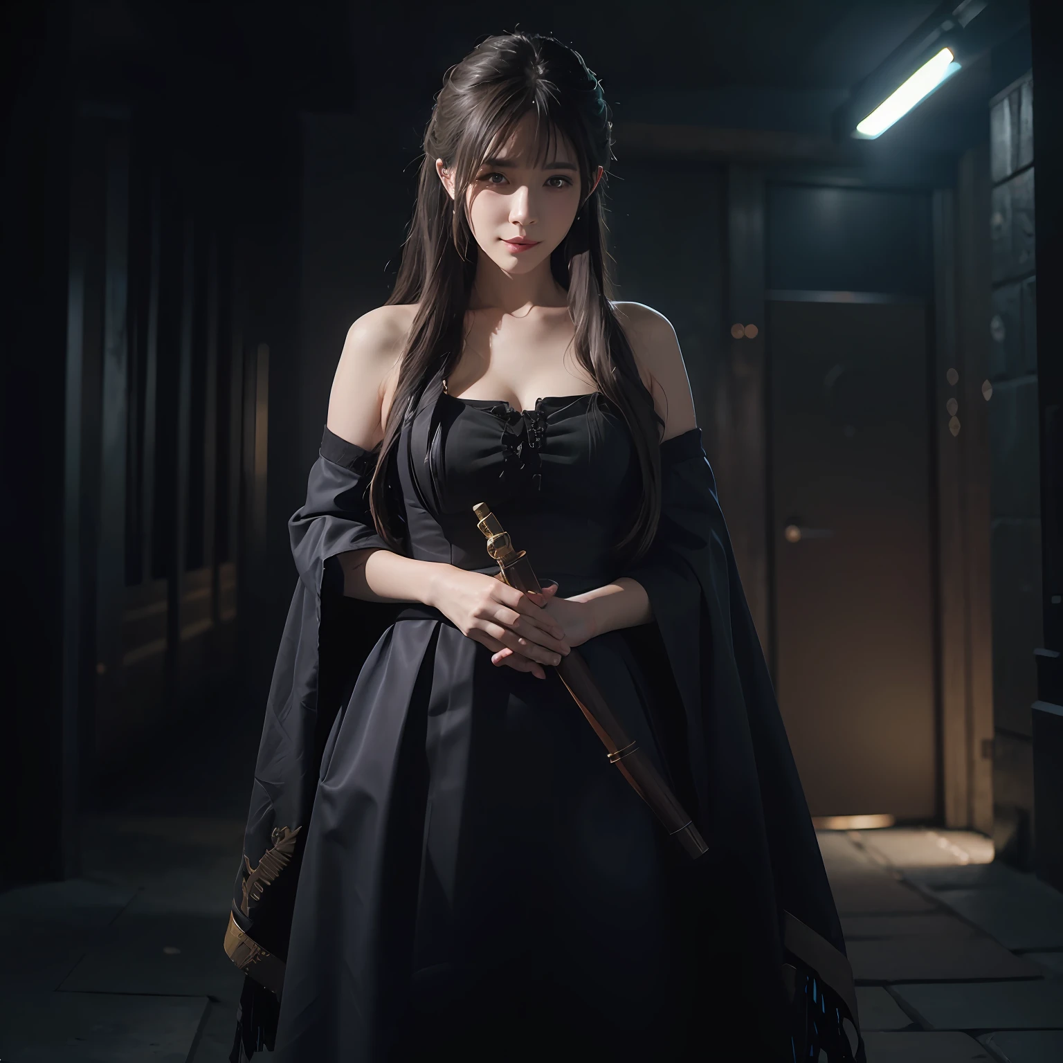 (Front Focus)、(in the darkness nigth:1.6)、Portrait of a female hyperrealist by David Hockney and Alphonse Mucha、Fantasyart、Photorealsitic、动态照明、art stations、poster for、Volumetric lighting、extra detailed face、4 k、Award-winning、1girl、in the darkness nigth、deep-shadows、lowkey、cowboy shot、(Formula service:1.4)、length hair、white hair、a smile、super-detaild skin、full bodyesbian、1人の女性