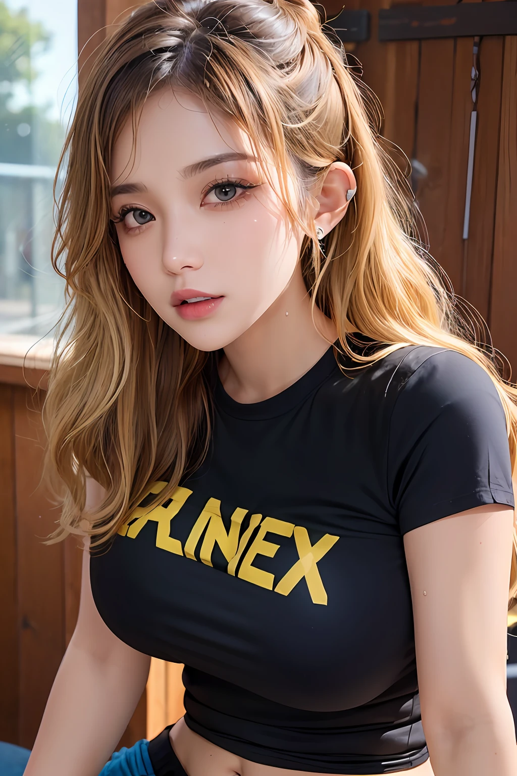 (1girl),large breasts,  breasts, tan, dewy skin, sweaty skin, wavy blonde hair, punk tshirt, punk girl, dark hair, transparent