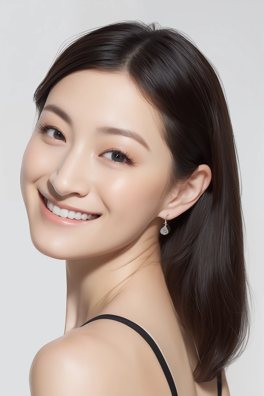 ((masutepiece, of the highest quality, High Definition)), 1 girl, (Photorealistic: 1.4), Solo, White background, with a pure white background, Mouth closed, Happy smile, Happy smile, pretty black hair, Long hair, Big eyes, clear double eyelids, Eyelashes, Ears out, long neck, long neck, Absolute area, ((Face Close-up)), (Draw all the heads, shoulders), 19 years old, Attractive proportions, Shiny skin, Clean collarbone, Golden Ratio Face, Perfect face, tear moles, Mole on chest, Lip gloss, Pale lips, pale skin, Naked, Big breasts, a small face, a small face, Draw all the heads, Draw all the shoulders, From Side, Gaze staring at the camera
