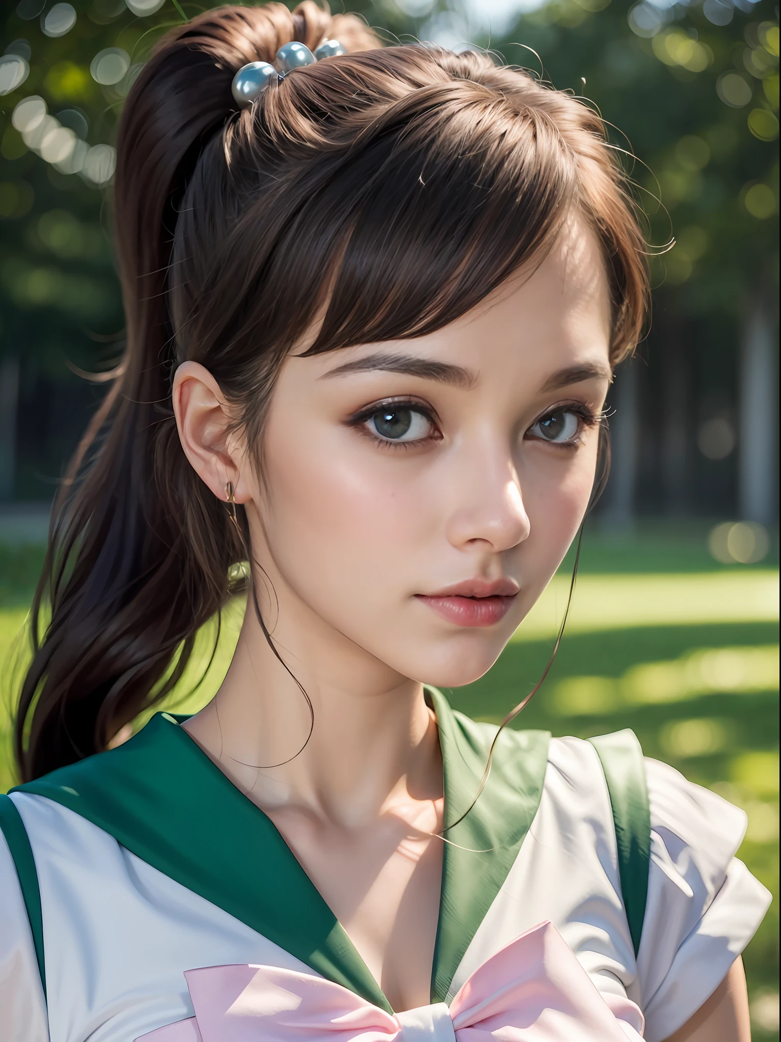 (masterpiece, best quality:1.4), (full body), (standing), (dinamic pose), 1girl, solo, hmjupiter, (green eyes, ponytail, tiara, jewelry, (sailor senshi uniform:1.2), green sailor collar, choker, elbow gloves, white gloves, pink bow, brooch, white leotard, green skirt, pleated skirt:1), beautiful face, highly detailed face, highly detailed eyes, highly detailed skin, skin pores, subsurface scattering, realistic pupils, medium breast, full face blush, full lips, sakura trees background, subsurface scattering, detailed background, depth of field, volumetric lighting, sharp focus, absurdres, realistic proportions, good anatomy, (realistic, hyperrealistic:1.4), 16k hdr,