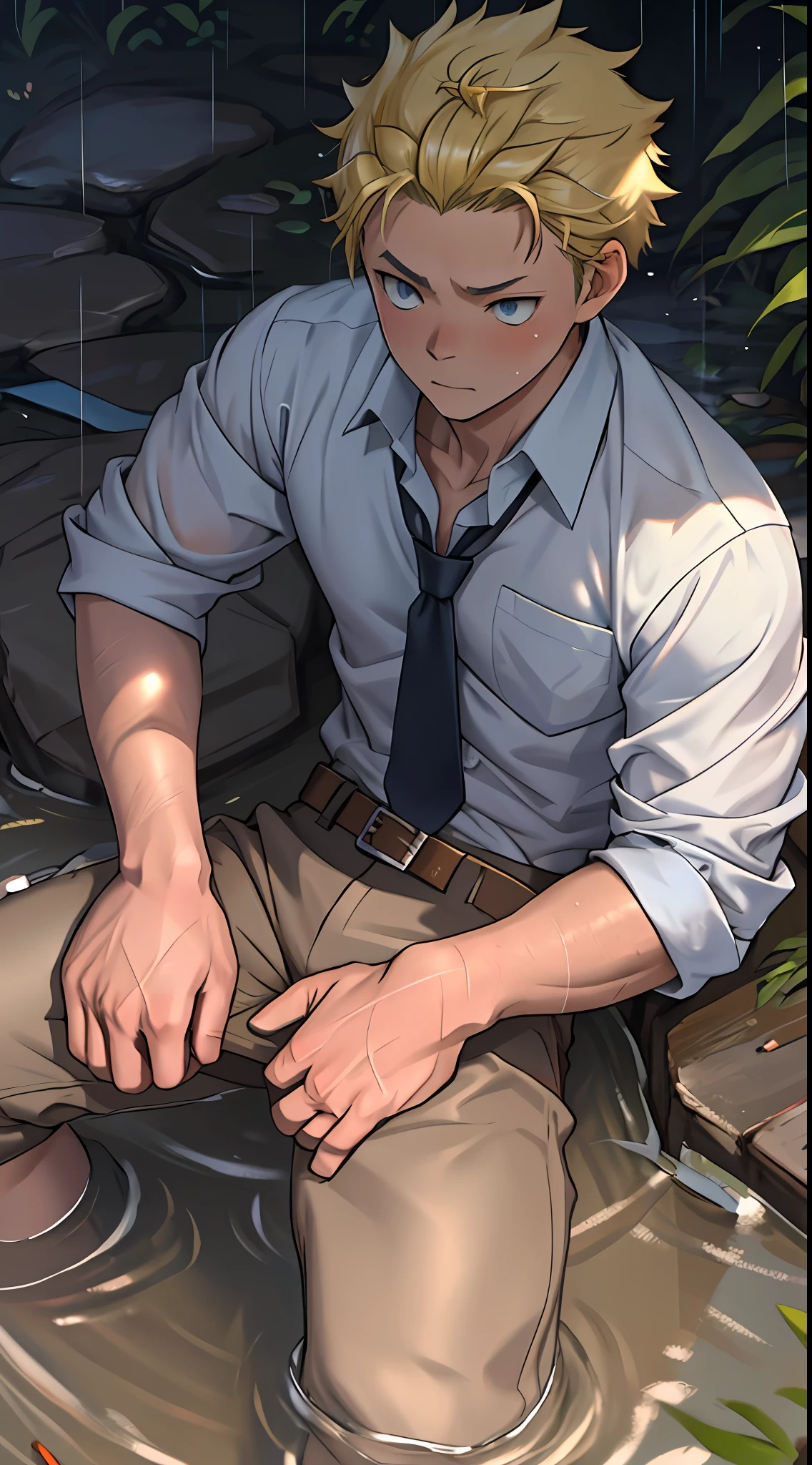 （1 Adult male），A high resolution， Sharp focus， Pixiv masterpiece， （（Complicated details））， highly  detailed， natsuki_subaru， 1 man，Lying in the mud， Lazy，full bodyesbian， blue color eyes（eyes glowing）， Short yellow hair，white  shirt，Wear a tie，Wear a belt，perspire，rain，Drenched，Sweaty crotch，look from down