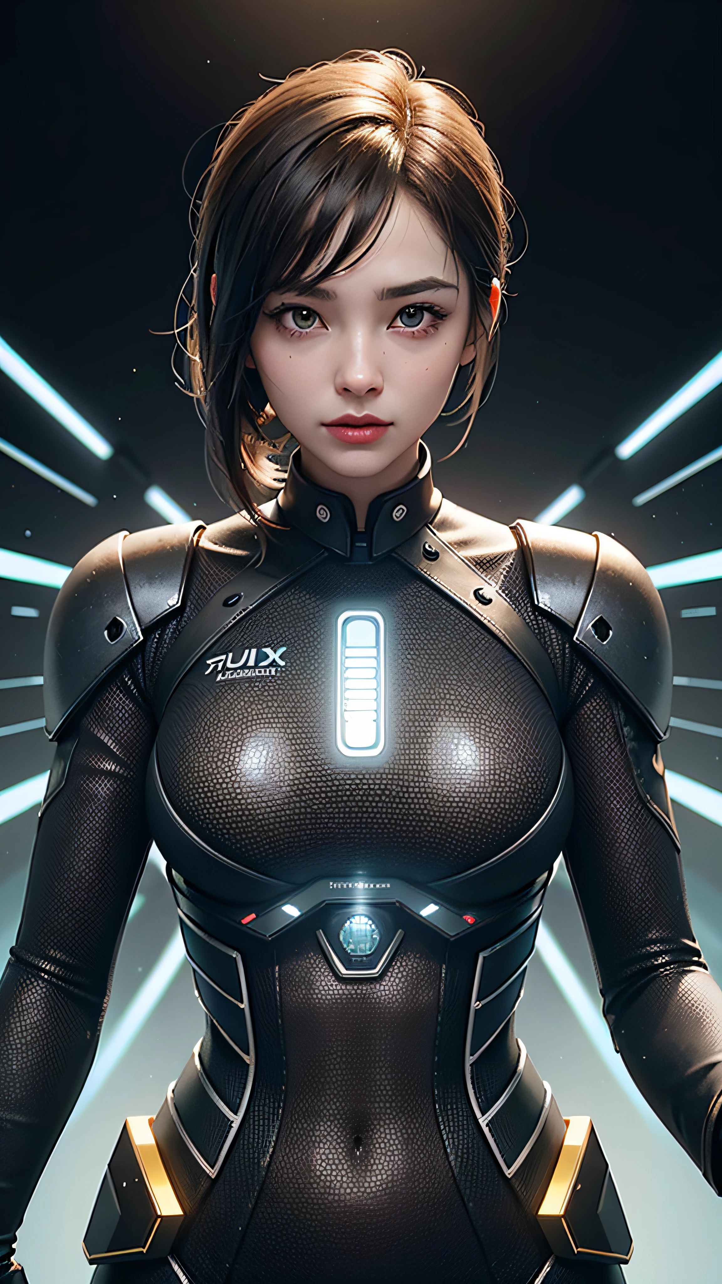 （（best qualtiy））， （（tmasterpiece））， （highly  detailed：1.3）， （（（Clean and beautiful face）））（Delicate big eyes：1.9）（Fine pupil texture：1.5）3D， big breasts beautiful （cyber punk perssonage：1.3） Female hacker with short brown hair poses for a photo， computer servers， LCD screens， Fiber optic cable， Company logo， hdr（HighDynamicRange）， Ray traching， NVIDIA RTX， Hyper-Resolution， Unreal 5， sub surface scattering， PBR textures， post-proces， Anisotropic filtering， depth of fields， Maximum clarity and sharpness， Many-Layer Textures， Albedo e mapas Speculares、Surface coloring、Accurate simulation of light-material interactions、perfectly proportions、rendering by octane、twotonelighting、Low ISO、White balance、trichotomy、Wide aperture、8K raw data、High-Efficiency Sub-Pixel、sub-pixel convolution、Luminous Particle