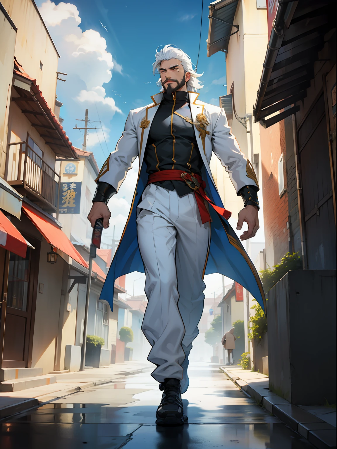 mtu,white facial hair,Tang suit,the street,Long sword,standing on your feet,The eyes are sharp,cloudy weather,suns