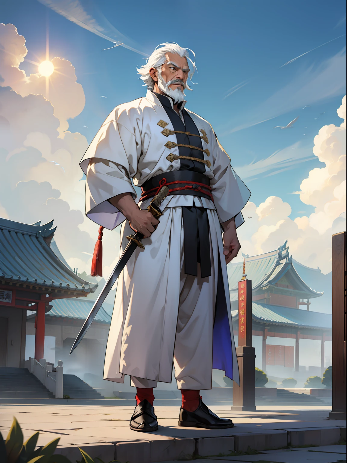 Old man，white facial hair，Tang suit，Palace Museum，Long sword，standing on your feet，The eyes are sharp，cloudy weather，suns