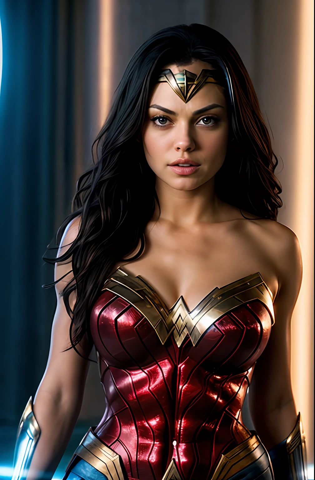 Masterpiece, best quality, extremely beautiful woman, perfect face, perfect curvy figure, meaty body, thick and healthy body, fleshy body, perky breast, big natural breast, high clarity eyes, flawless, highly detailed, perfect body, Face of Mila Kunis, Mila Kunis as Wonder woman, black hair, medium hair, full body portrait, wearing Wonder woman outfit, sexy, cleavage, breasts showing,uhd, 4k, 8k, hdr, cinematic background, cinematic lighting