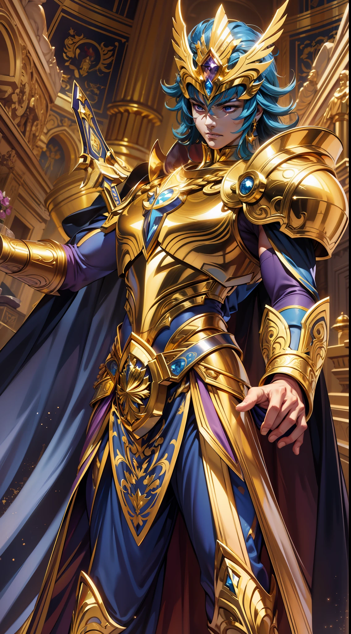 Gold Saint Seiya,Golden full body robe,largeeyes,tmasterpiece,Majestic scene,ornate backdrop,offcial art, Unity 8k wallpaper, Ultra detailed, Beautiful and aesthetic, Masterpiece, Best quality, Photorealistic,Sportsman,lineworks,muscline,Holy Sword,Eagle helmet,Saint Seiya,Blue-purple eyes
