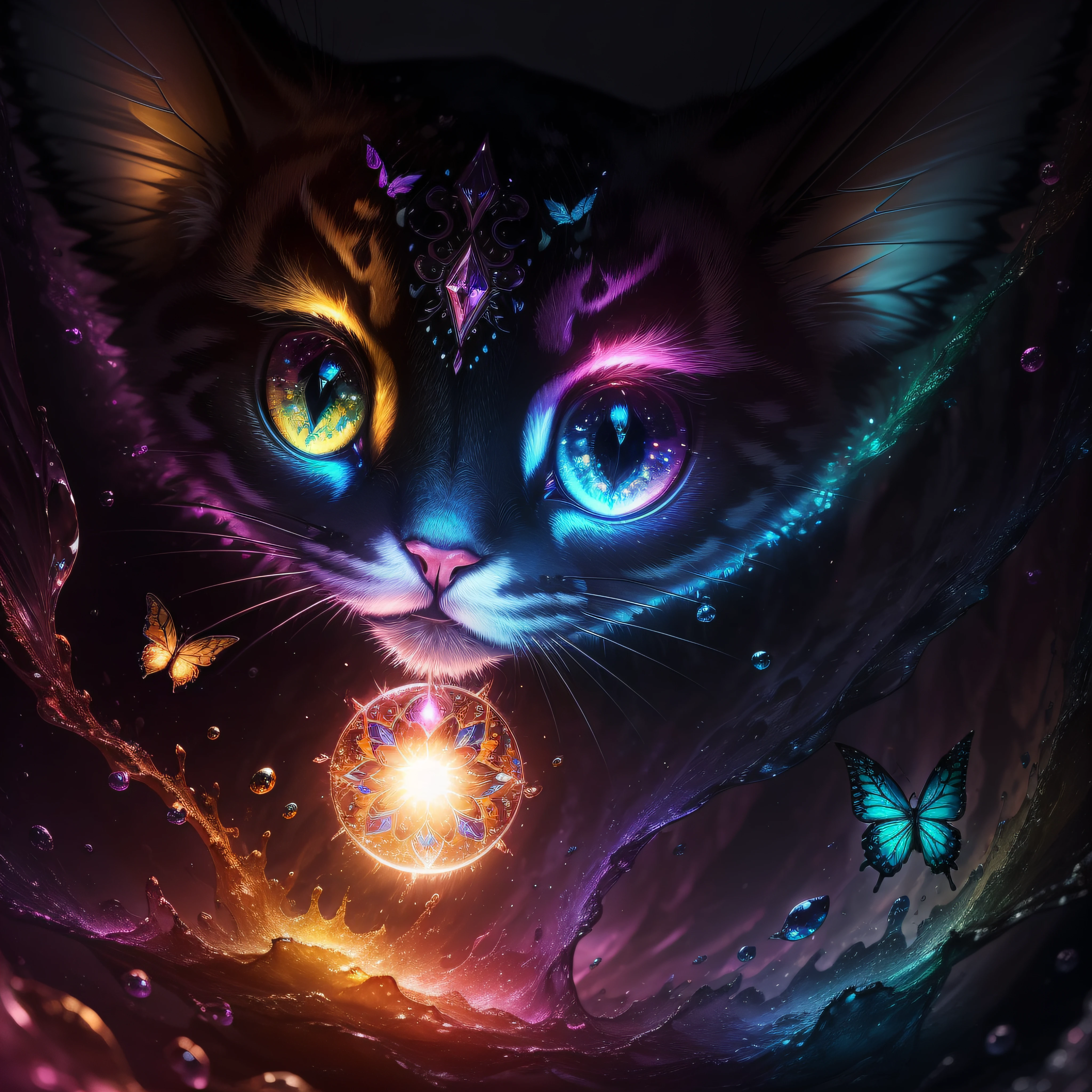 Cat、Cat、Cat、Cat、close-up of the smile face、smil、(roundly eyes、Sapphire green eyes,、Glowing eyes、Eye Gloss)、(Open lips、teeth are slightly visible、lipgloss)、dreamlikeart、Highly detailed airbrush art、intricate detailes、Volumetric lighting、top-quality、The ultra-detailliert、The composition of the movement、Highly detailed colorful details、Irridescent color、Bright lighting、dream-like、Magical、dynamic compositions、The mirror reflects light、Shallow depth of field、ultra-detailliert、mixing exposure、Super masterpiece、vivd colour、colourfull、One woman's face、Cute cat in clothes、Anthropomorphic representation、Rich colors、exquisitedetails、(butterflys,Exquisite butterflies,Ultra CG), (High resolution:1.5)、、Colorful, Transparent gems on the beach、Orange in the sky、pink there、Absolutely enchanting sunset on the beach mixed with yellow、The water is crystal clear and splashing、White sand beach stretches out as far as the eye can see、Dynamic and breathtaking scenes、