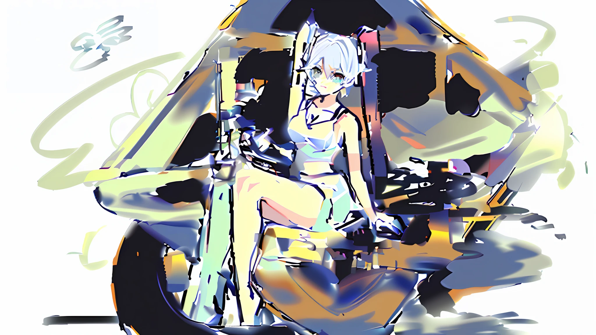 There is a painting，A woman sits on a boat, 2 d anime style, Pixiv style, Os amigos, Digital art on Pixiv, speedpaint, painttoolsai!! Blue, drawn in anime painter studio, at pixiv, author：New Art, made with anime painter studio, inspired by Rei Kamoi, Best Rated on pixiv, sketchy artstyle，Big breasts Hatsune Miku，quadratic element，high qulity