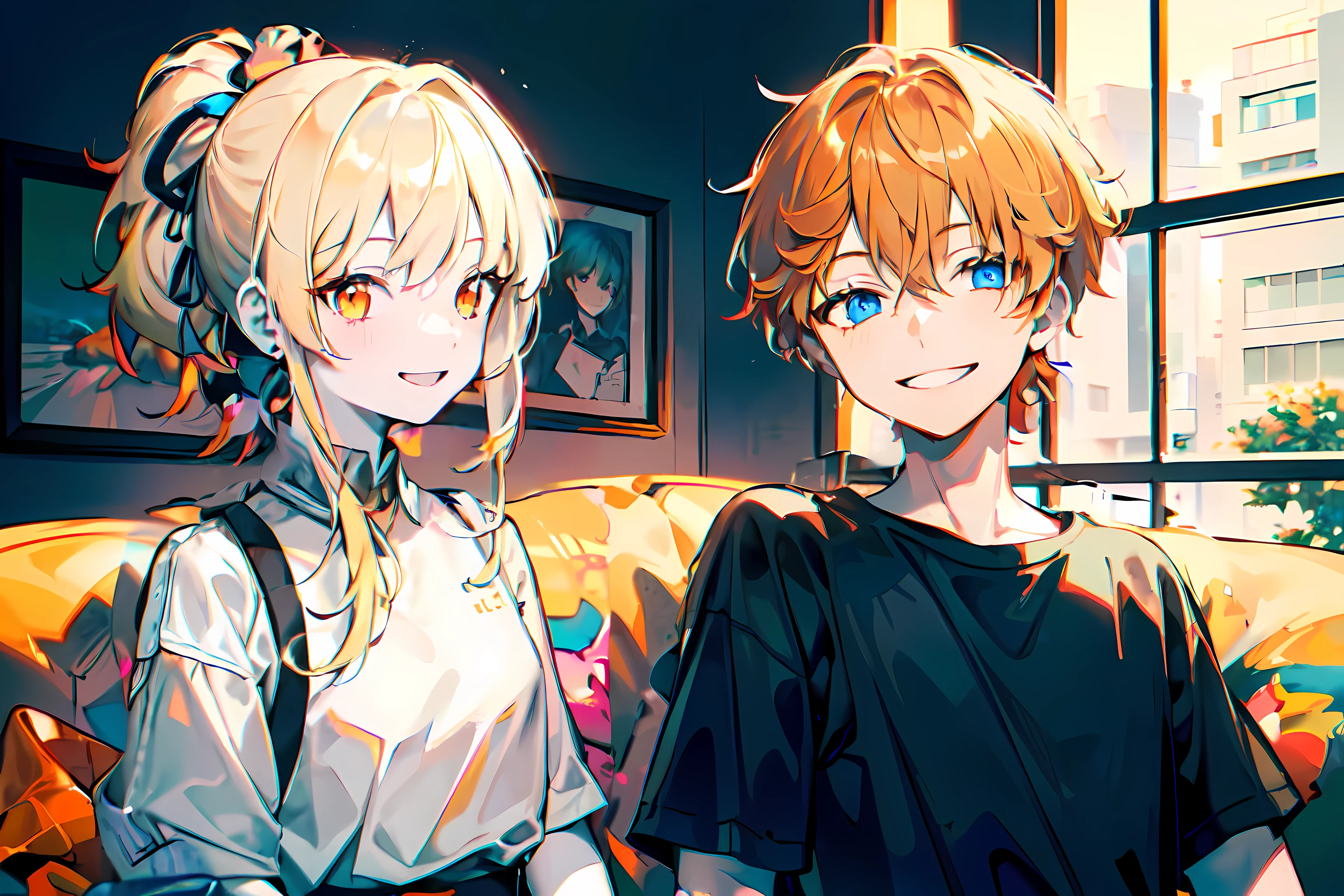 (masterpiece:1.2), (pale skin:1.2), (8k:1.2), (orange hair:1.1), (short hair:1.1), (blue eyes:1.2), (smiling:1.2), (male:1.3), (casual shirt:1.3)