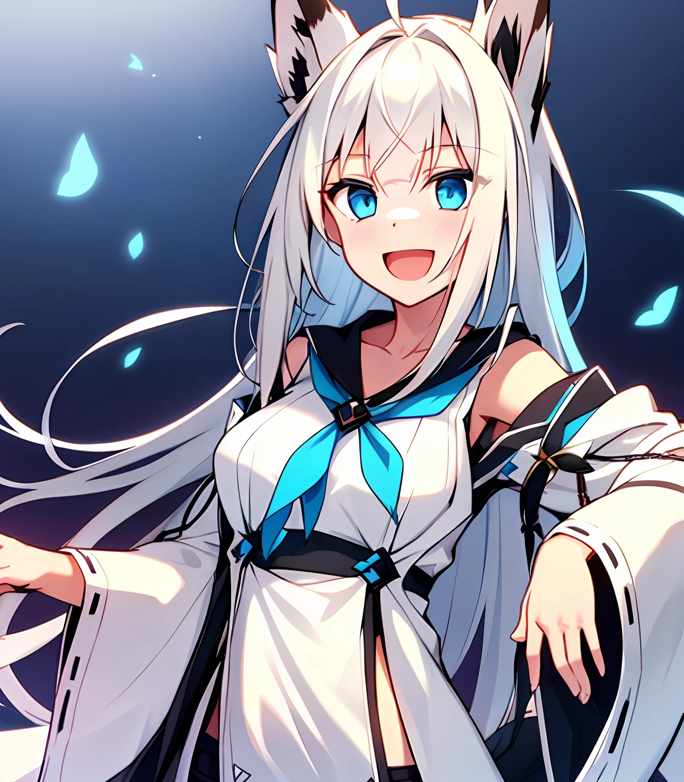 1 girl, Furry woman, White fox, Masterpiece, Light blue eyes, Light smile, Open mouth, \: