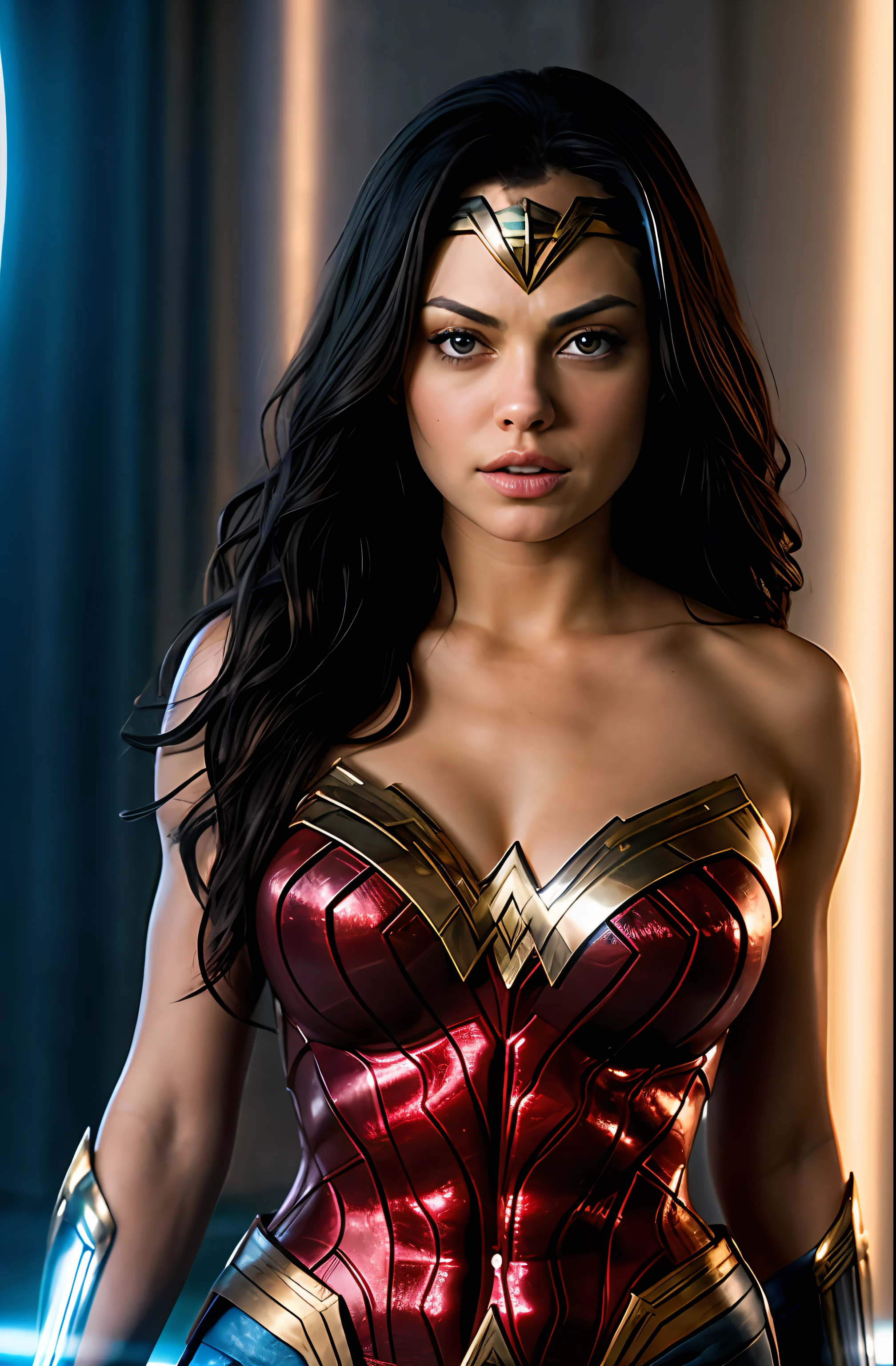 Masterpiece, best quality, extremely beautiful woman, perfect face, perfect curvy figure, meaty body, thick and healthy body, fleshy body, perky breast, big natural breast, high clarity eyes, flawless, highly detailed, perfect body, Face of Mila Kunis, Mila Kunis as Wonder woman, black hair, medium hair, full body portrait, wearing Wonder woman outfit, sexy, cleavage, breasts showing,uhd, 4k, 8k, hdr, cinematic background, cinematic lighting