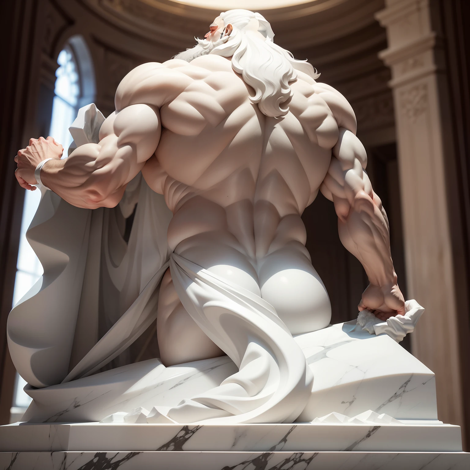 White marble back statue of bearded man, manly, musculoso, corpo inteiro, graves, imponente, aspecto de maldoso
