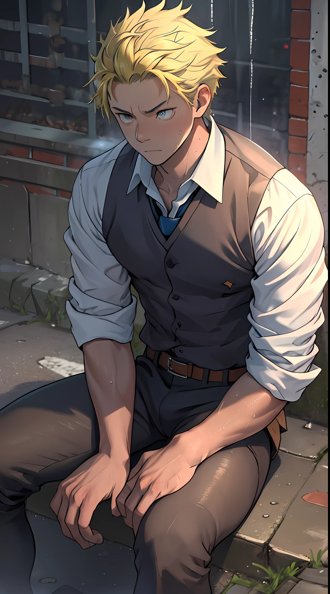 （1 Adult male），A high resolution， Sharp focus， Pixiv masterpiece， （（Complicated details））， highly  detailed， natsuki_subaru， 1 man，sit astride，Close-up of crotch，Crotch view， Lazy，full bodyesbian， blue color eyes（eyes glowing）， Short yellow hair，white  shirt，Wear a tie，Wear a belt，perspire，rain，Drenched，Sweaty crotch，look from down