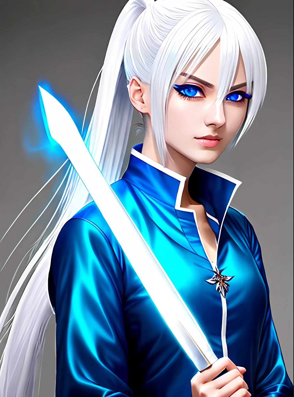 High ponytail，Pure white hair，Huge longsword，Vibrant flame element，Deep blue eyes，teens girl