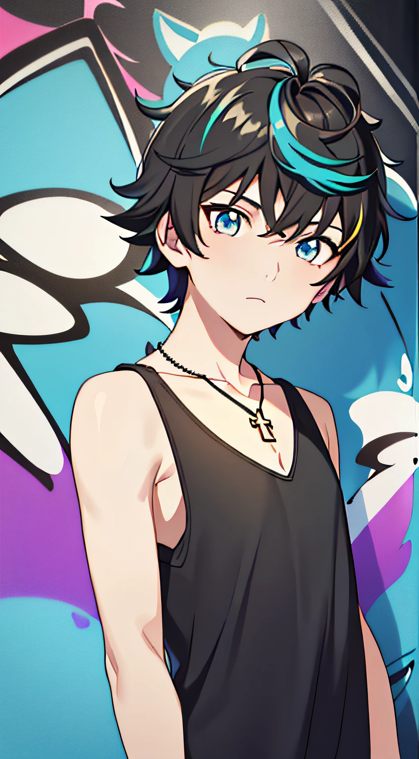 masterpiece, best quality, high quality, 1boy, solo, male focus, looking at viewer, cold light, (summer tank top:1.2), (cross necklace:1.2), (lively:1.1), (blue_eyes:1.2), (Zaffre eyes color:1.1), (black hair:1.2), (black short hair:1.5), black short hair, (magic monster pattern:1.5), (walls covered with colorful graffiti:1.2)