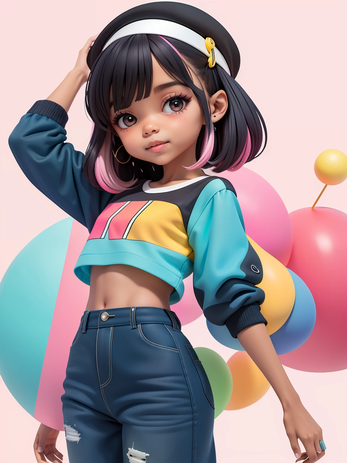 (obra-prima), (melhor qualidade), (ultra-detalhado), (corpo inteiro: 1.2) cute menira, liso, encaracolado ,pants and mini blouse, sorriso claro, corpo inteiro, :3, cabelo multicolor, curto, preso, pavor, moderno, Modern accessories, fundo tom pastel , colorido e simples.