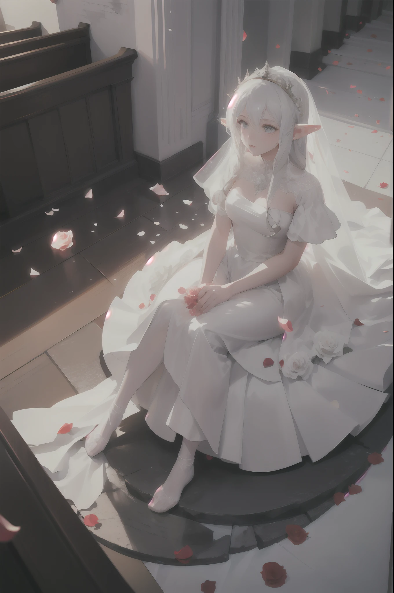 masterpiece, best quality, 1girl, elf bride, white flowing bridal dress, (rose petals:1.3), church, sunbeam, volumetric lighting, (from above:0.8)