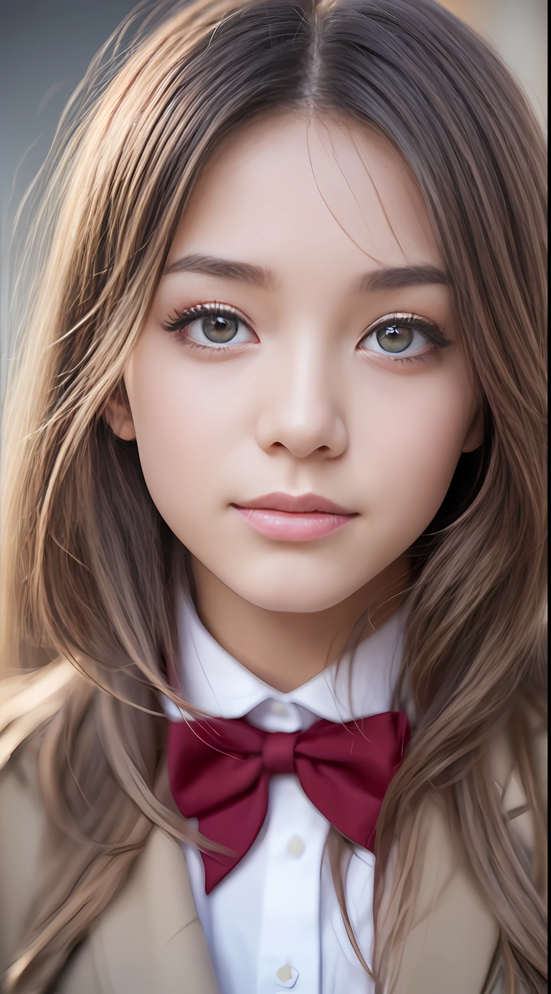 sexy, (realistic photo: 1.4), (hyper realistic: 1.4), (realistic: 1.3), (softer lighting: 1.05), (increase the quality of cinematic lighting: 0.9), 32K, 1 girl smiling, 20 years, realistic lighting, backlight, light on face, ray trace, (bright light: 1.2), (increase quality: 1.4), (skin with real texture of better quality: 1.4), (gray blazer, ribbon, socks, high school uniform:  1.2), high school classroom, happy, finely detailed eyes, finely detailed face, finely quality eyes, (joy, flush), (tired and sleepy and satisfied), close-up of the face, (Increase body line mood: 1.1), (Increase skin texture beauty: 1.1) (high angle shot: 1.2)