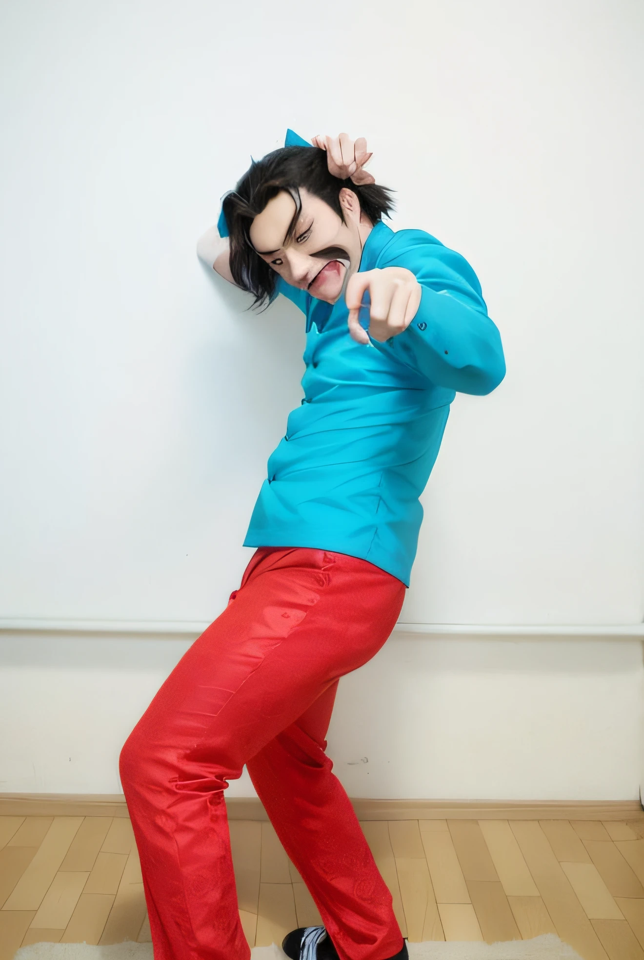 Ala Fed Man in blue shirt and red pants, weird expressionist pose, kawaii playful pose of a dancer, hirohiko araki style, Hiroaki Tsutsumi Style, distorted pose, threatening pose, with an intricate!!, kazuma kaneko, Fighting Pose, norihiro yagi, Takeyuki Kanda, scary pose