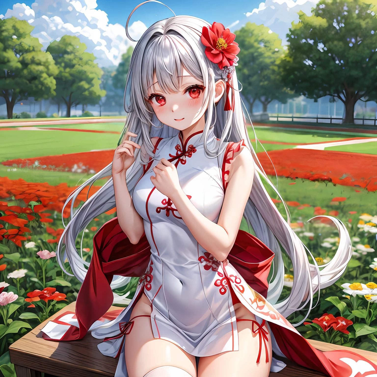 silber hair、red eyes、One pretty girl、独奏、animesque、flower  field、red blush、White cheongsam、a miniskirt、undergarment