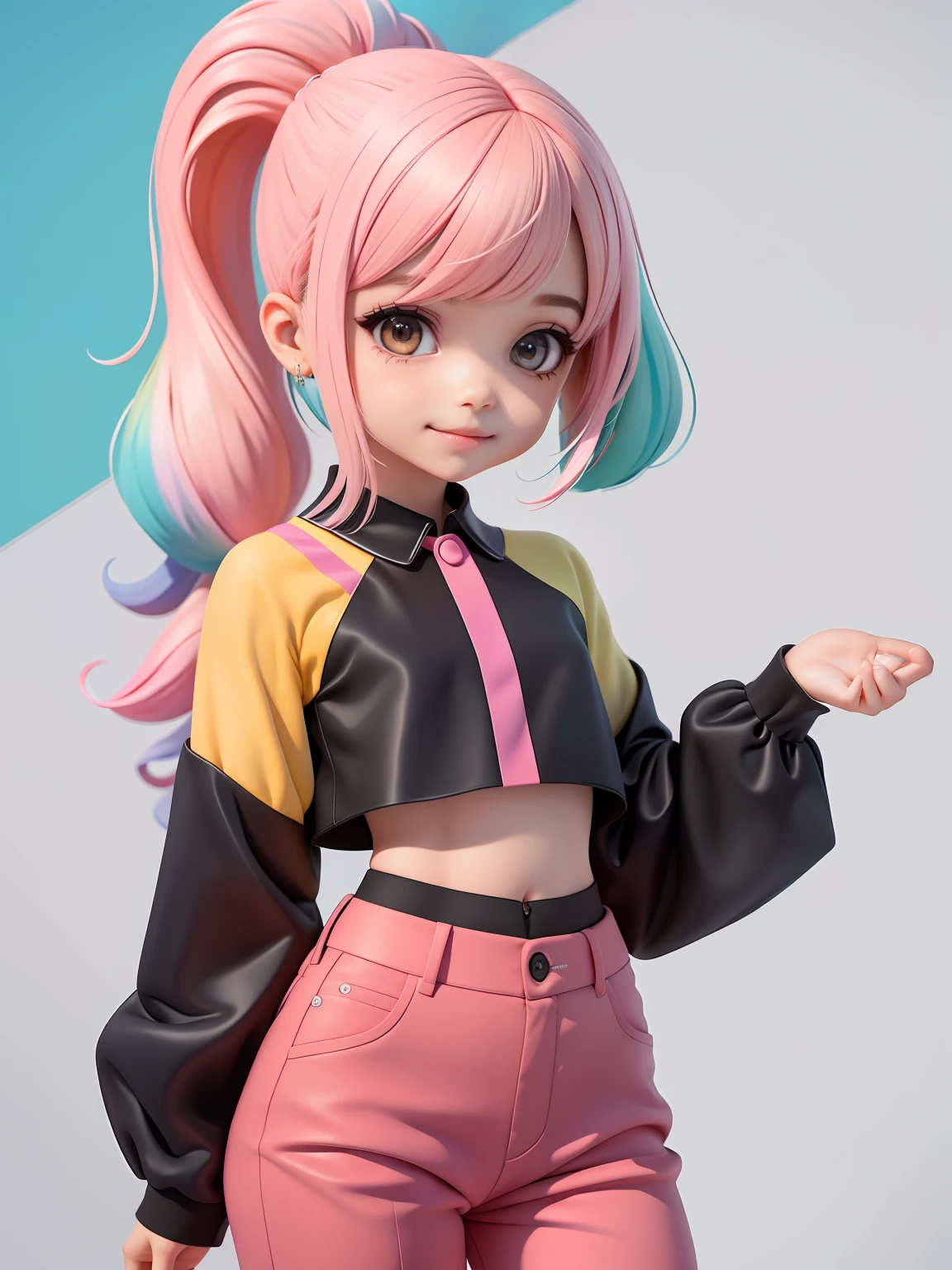 (obra-prima), (melhor qualidade), (ultra-detalhado), (corpo inteiro: 1.2) cute menira, liso, encaracolado ,pants and mini blouse, sorriso claro, corpo inteiro, :3, cabelo multicolor, curto, preso, pavor, moderno, Modern accessories, fundo tom pastel , colorido e simples.
