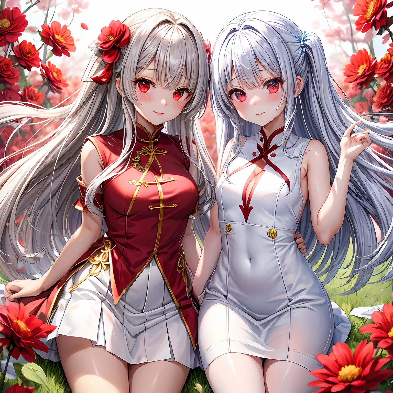 silber hair、red eyes、One pretty girl、独奏、animesque、flower field、red blush、White cheongsam、a miniskirt、undergarment