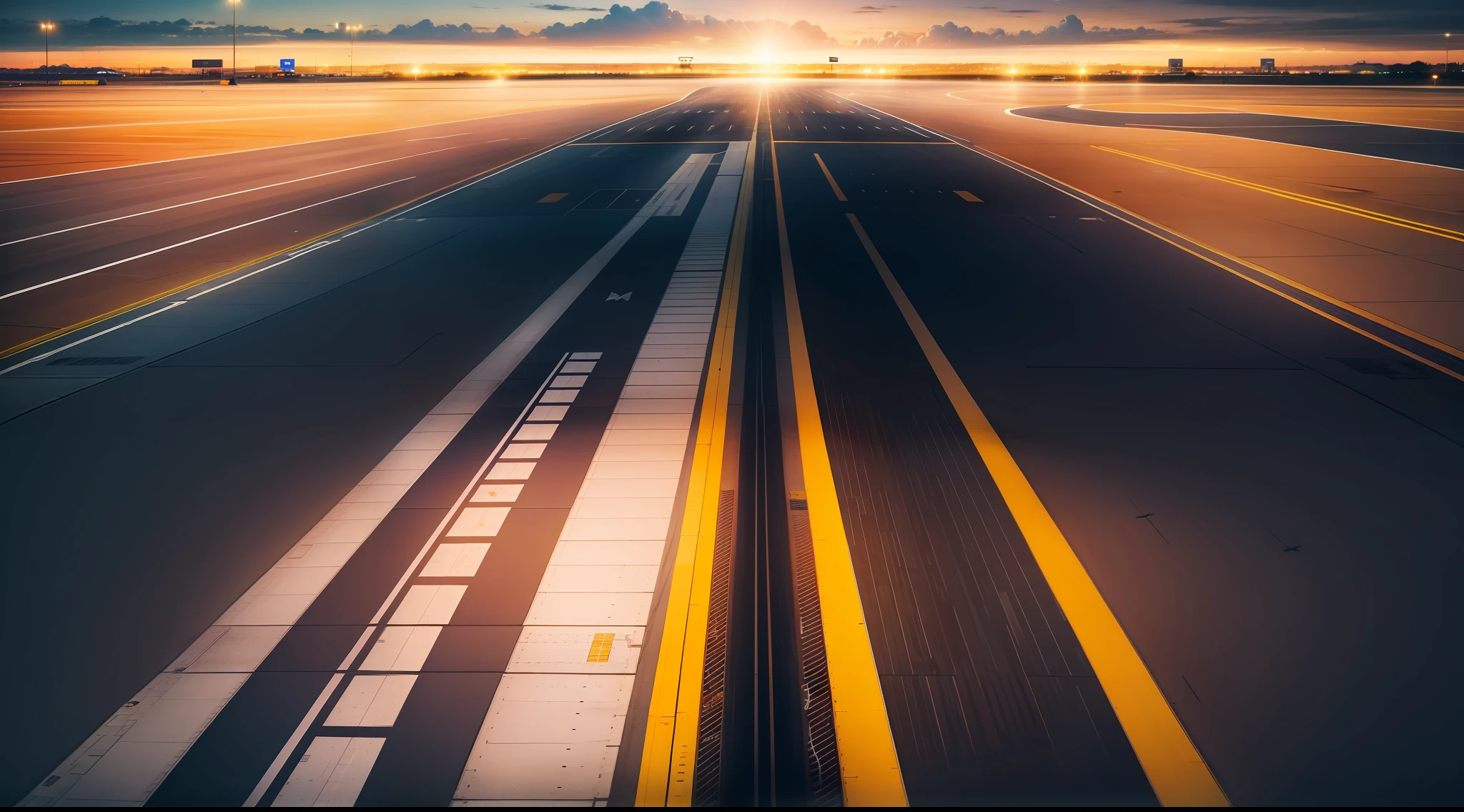 Airport runway,The plane takes off,Tech lights with colorful lines,Real Scene