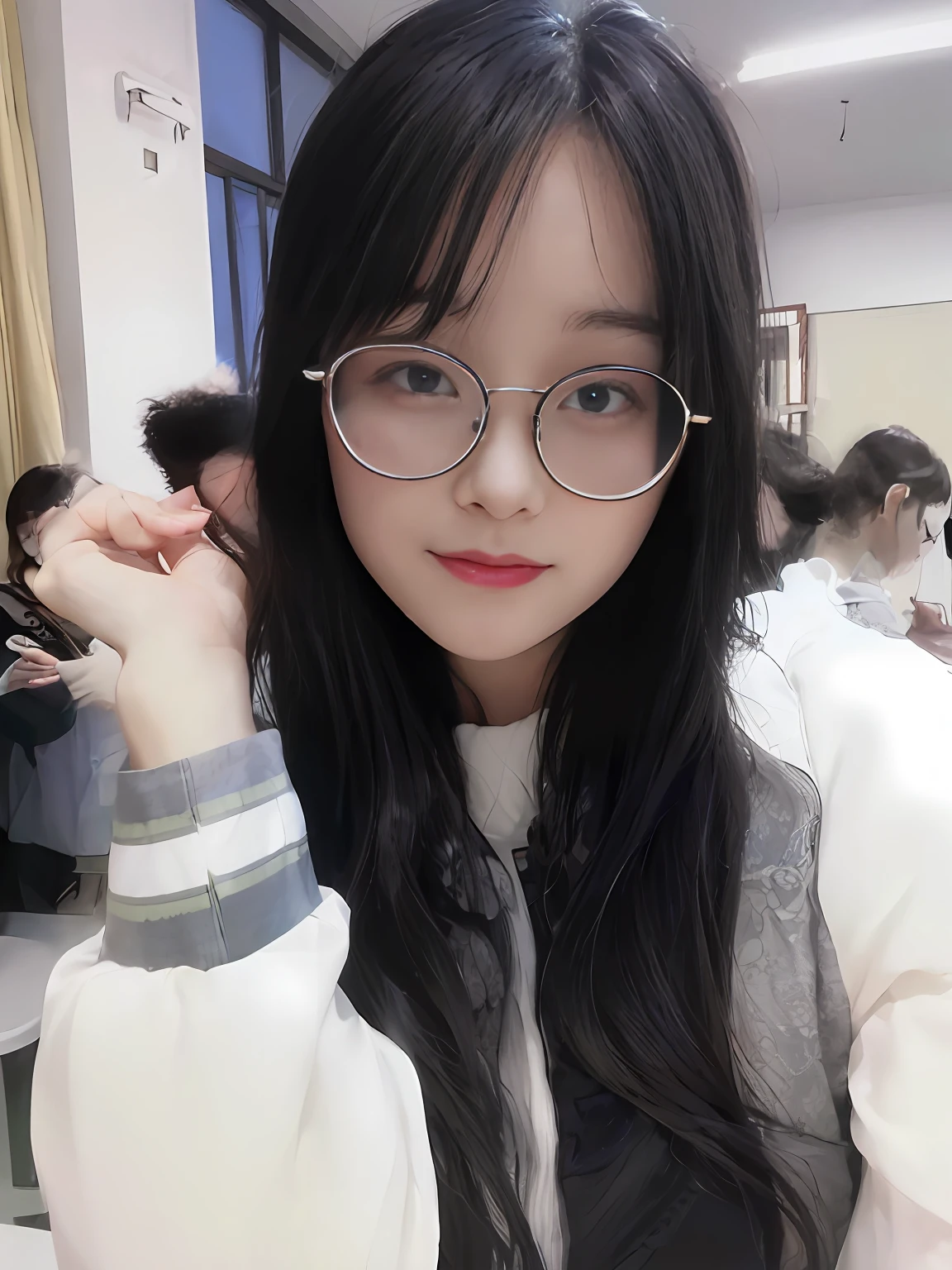 (((delicated))) (((high qulity))) 8K CG illustration wallpaper, (((slenderness))) perverted gal, (((Short hair over the ears))), circle glasses, pupils, eye detailed, ((Delicate eyes)), (((The theme is prominent))), Thin round glasses, (((A high resolution))), A student girl, (((meticuloso))) styling, (((perfect angle))), (((Beautiful gesture))), (((Excellent pupil color))):blue colors, (((Delicate and fair))), A gentle breeze, Beautiful texture and texture,Vivid and natural,((((The flash is soft))), visual depth, Wind curtain,Delicate lines and dresses, Light shining through, Soft details。