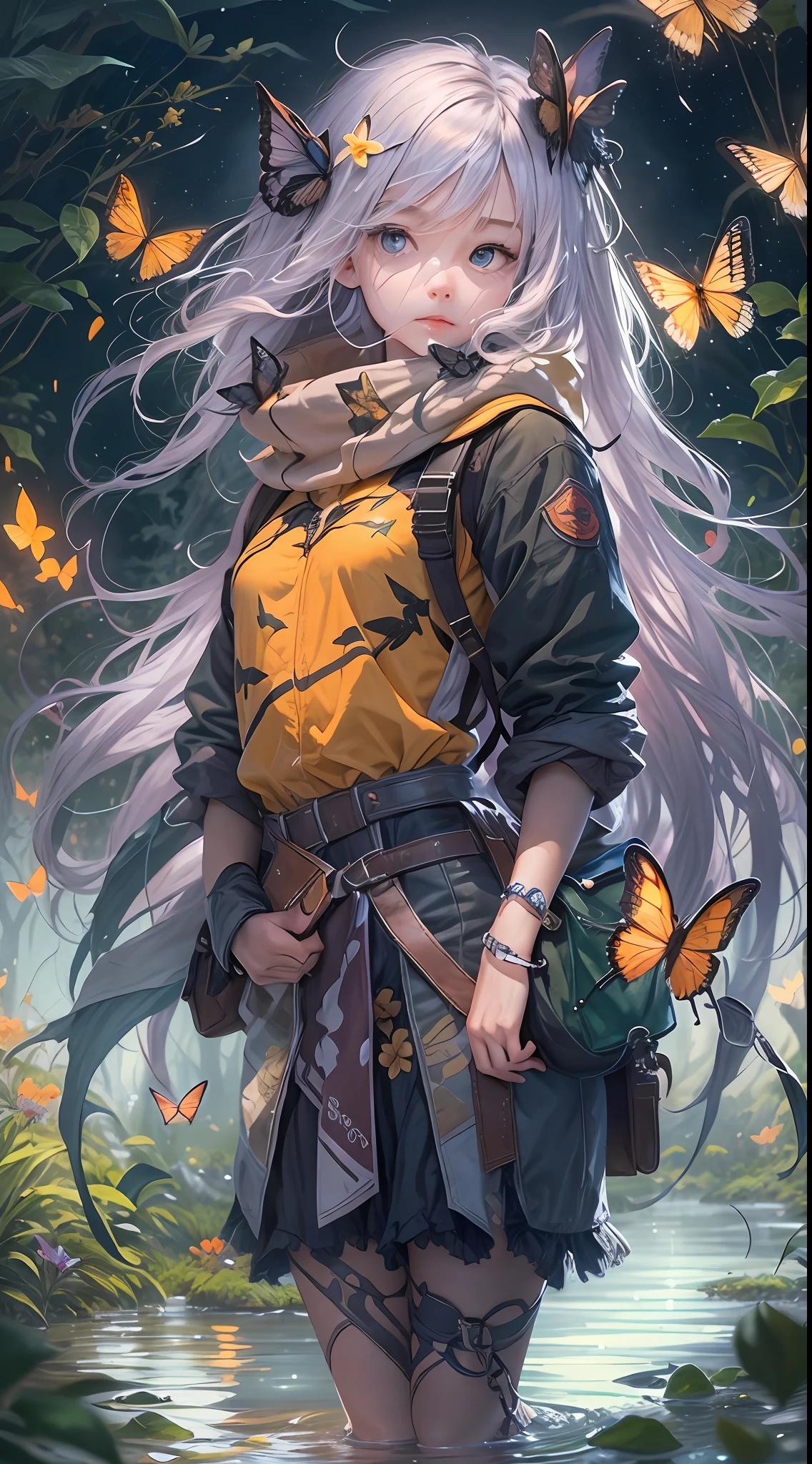 （（best qualtiy））， （（tmasterpiece））， （A detailed：1.4），Enhanced dynamic perspective，jungles，nighttime scene，starrysky，（darkly：1.4），（（Little adventurer standing in front of an oversized butterfly，Butterflies spread their huge wings，shimmering under the moonlight，A starry stream flowed in front of him）），Crocodiles float on the water，（Adventurer backpack），（weeds），florals，（（（adventurer clothing））），super-fine，Works of masters，high qulity，8K分辨率，depth of fields，电影灯光，Epic shooting，high qulity，super-fine，Detailed pubic hair，Accurate，Cinematic lighting，