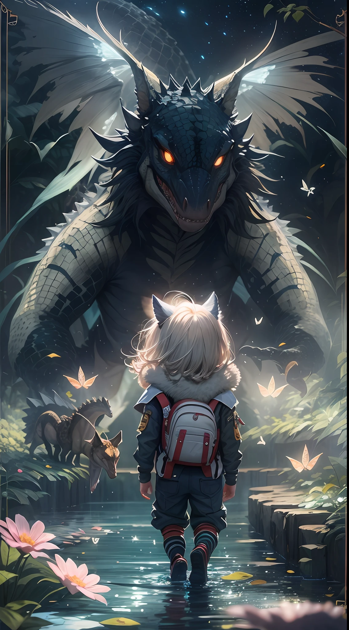 （（best qualtiy））， （（tmasterpiece））， （A detailed：1.4），Enhanced dynamic perspective，jungles，nighttime scene，starrysky，（darkly：1.4），（（Little adventurer standing in front of an oversized butterfly，Butterflies spread their huge wings，shimmering under the moonlight，A starry stream flowed before him）），Crocodiles float on the water，（Adventurer backpack），（weeds），florals，（（（adventurer clothing））），super-fine，Works of masters，high qulity，8K分辨率，depth of fields，电影灯光，Epic shooting，high qulity，super-fine，Detailed pubic hair，Accurate，Cinematic lighting，